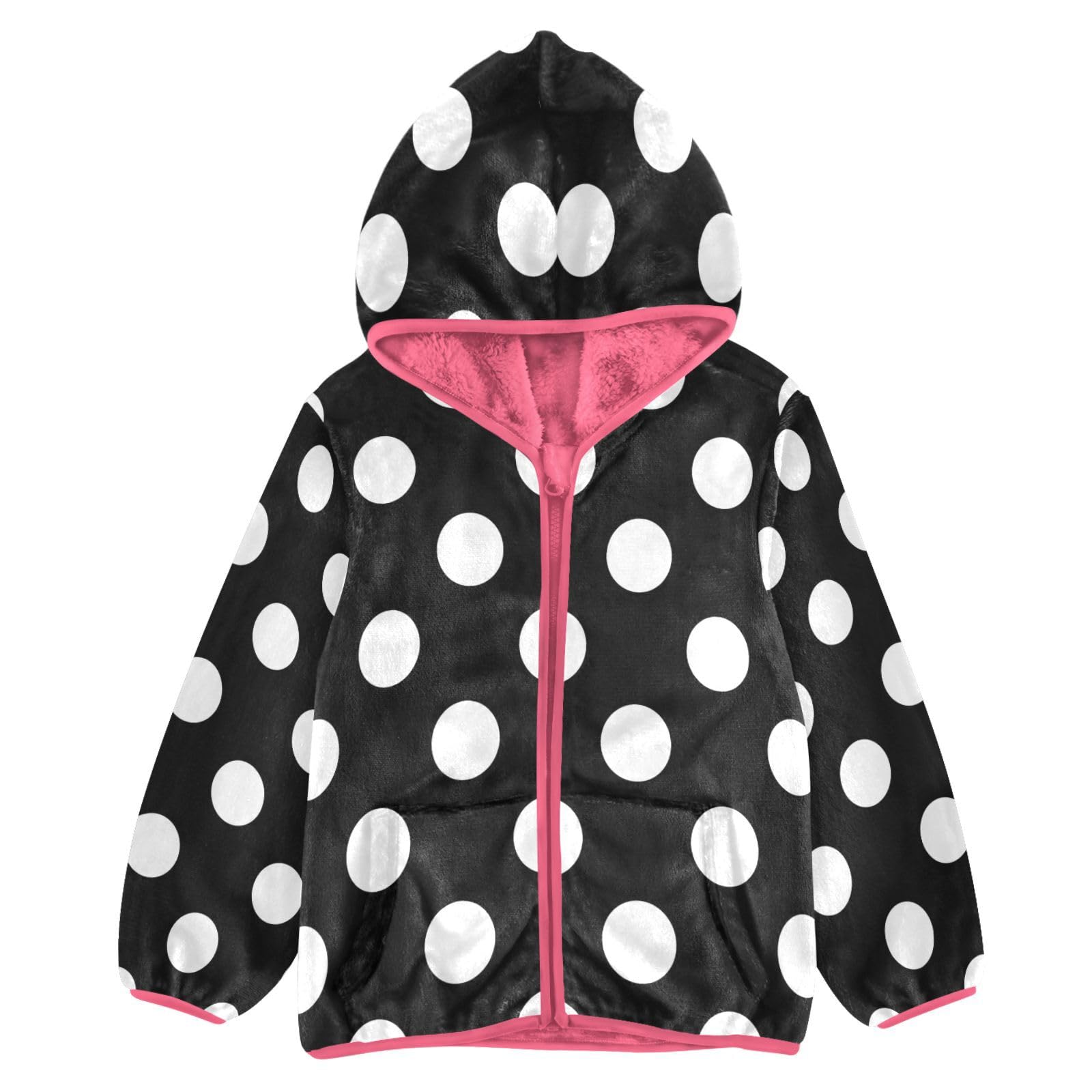 KOCOART Toddler Fleece Jacket 4T White Dot Baby Boys Girls Hooded Fleece Jacket Black Pink Coat Lined Winter Warm Outerwear