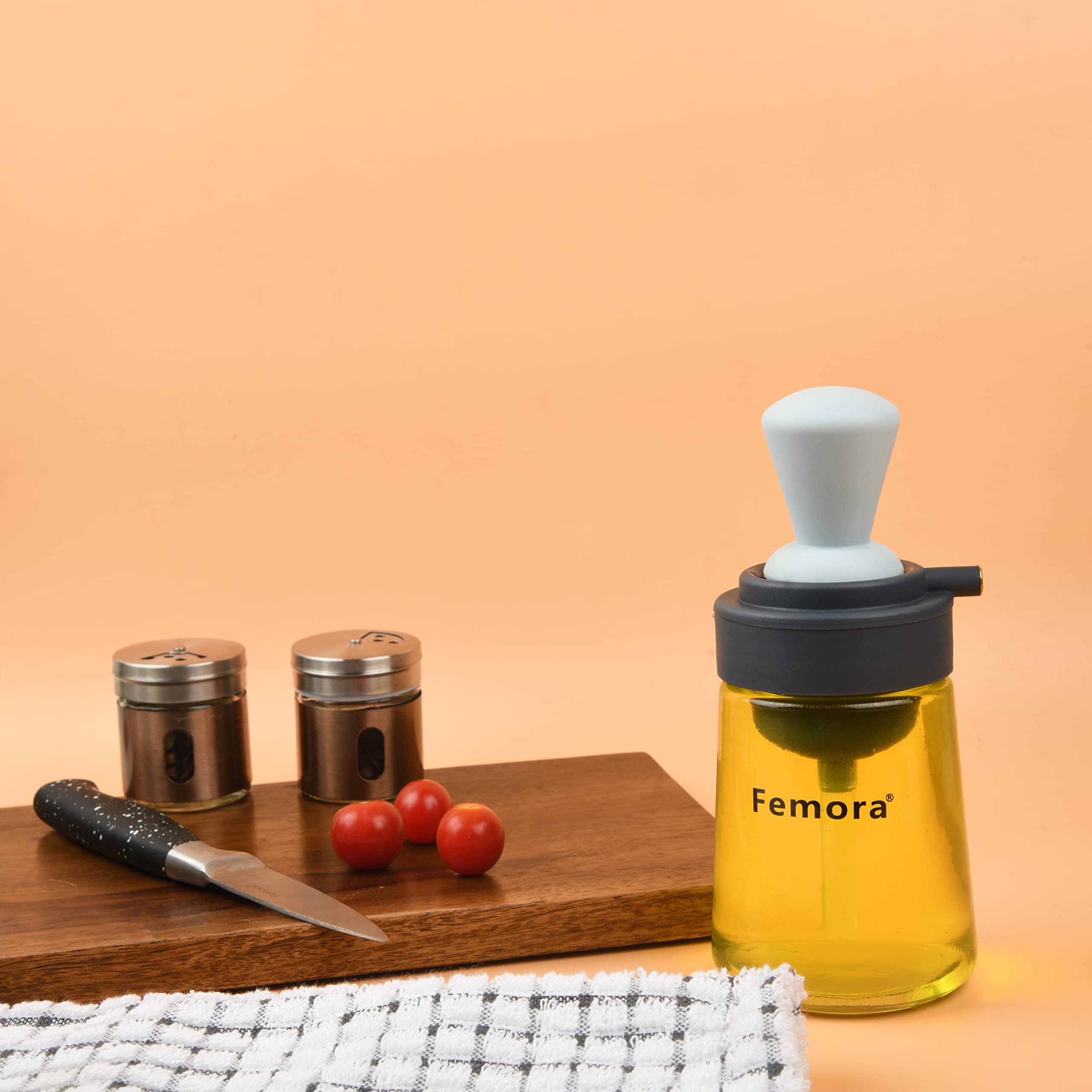 Femora Glass Oil Dispencer Bottle With Silicone Brush, Dropper, 350 ML, Pack of 1, Grey,Cooking Oil