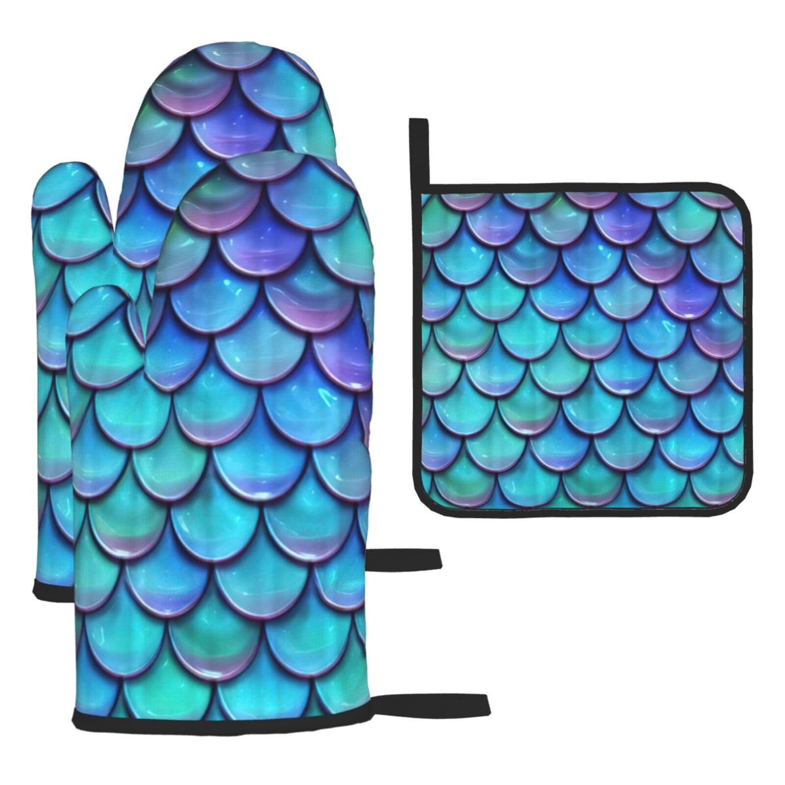 Mermaid Teal Fish Scale Print Oven Kitchen Gloves For Baking Outdoor Grilling Home Use Mitts Microwaving Bbq