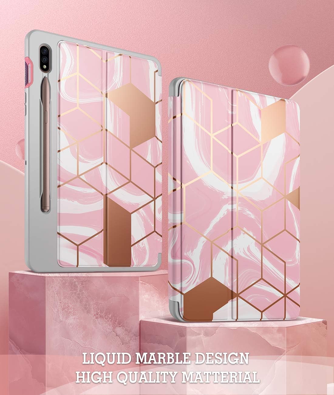 Popshine Marble Series Designed for Samsung Galaxy Tab S7 / S8 Case, Full Body Premium 360 Degree Protective Folio Cover with Built-in Screen Protector, Liquid Marble Pink