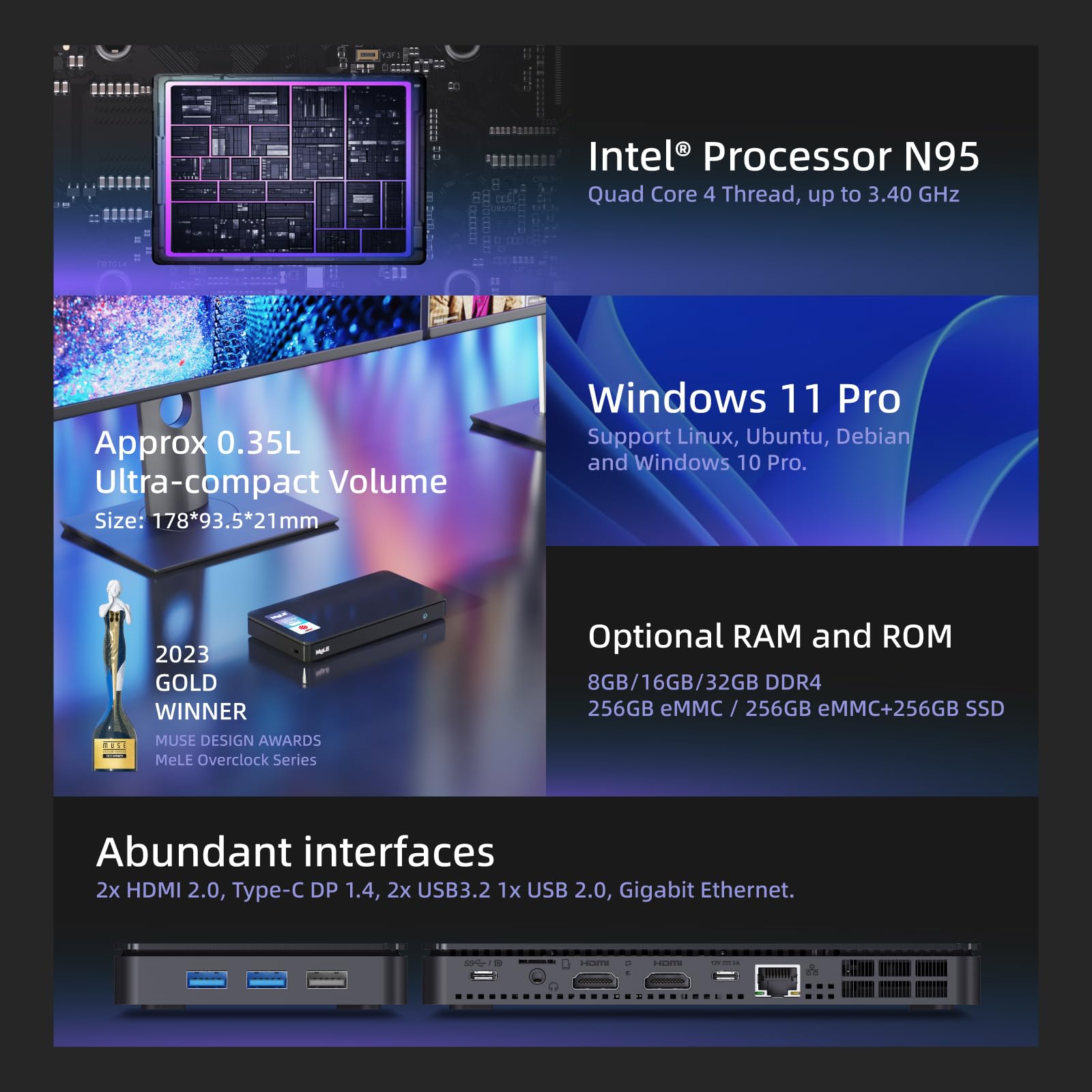 MeLE Mini PC Overclock4C N95 16GB RAM 512GB Micro PC Windows 11 Pro Mini Computer per Ufficio Educazione Casa Pubblicità Dual 4K HDMI Funzione Completa USB-C WiFi 6 Gigabit Ethernet BT5.2 VESA