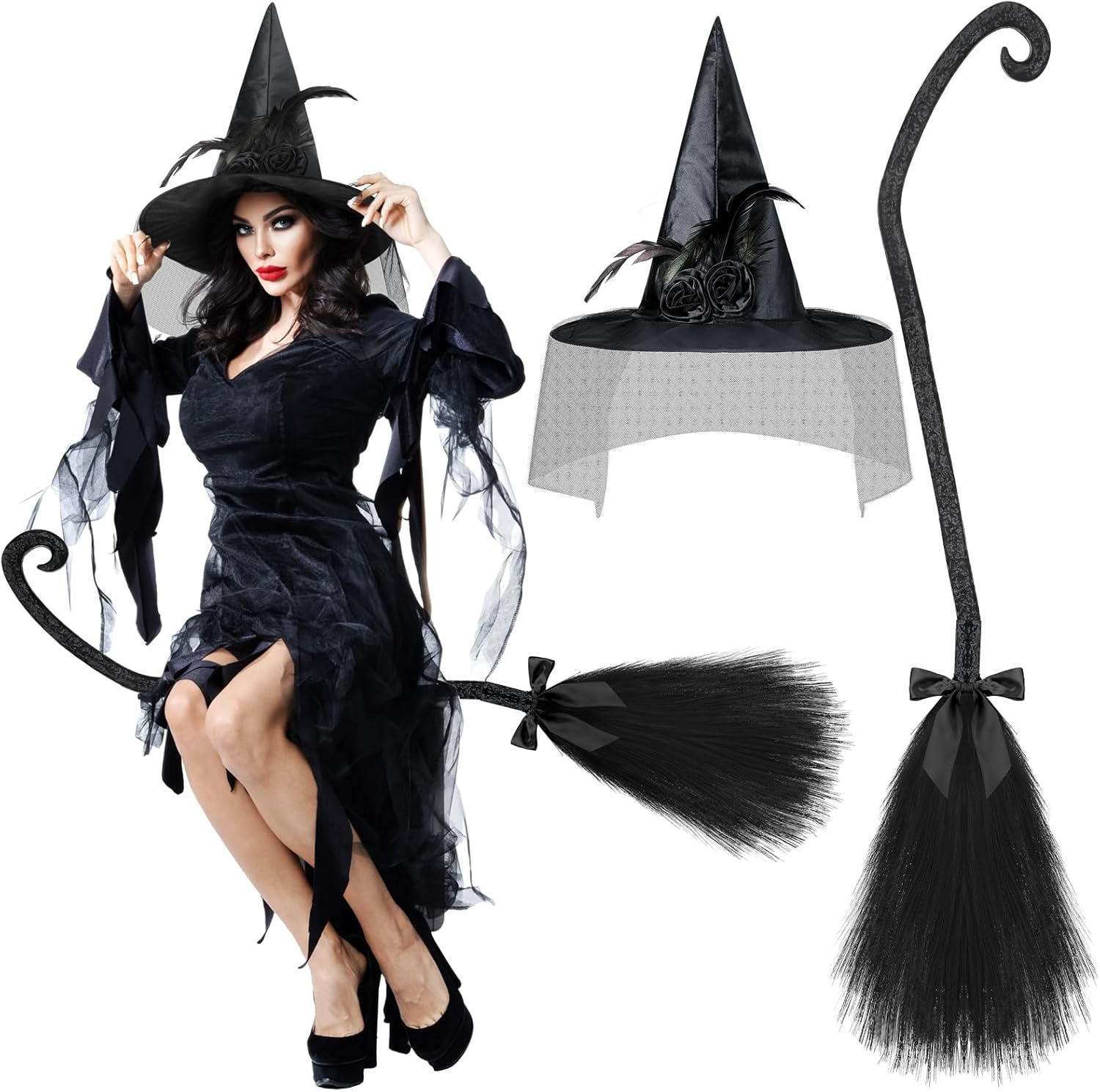 Hercicy 2 Pack Halloween Witch Broom Hat Set Halloween Witch Broom Cosplay Black Tulle Witch Hat and Broom with Bow Costume Witch Broom Costume Accessories Props for Halloween Costume Party Supplies