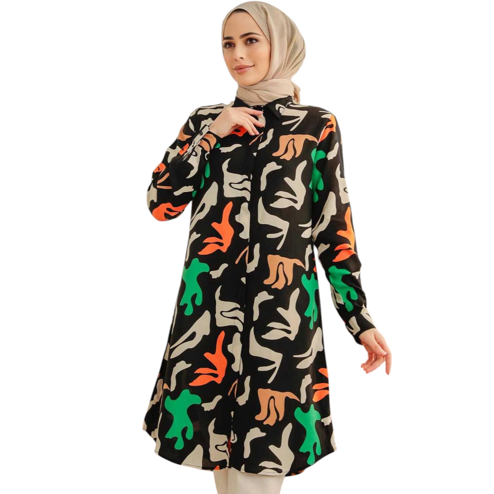 Gufrina Women's Rayon Dress With Long Puff Sleeves Mandarin Collared Neck Tie Die Printed A-Line Style Regular Fit And Knee Length Black