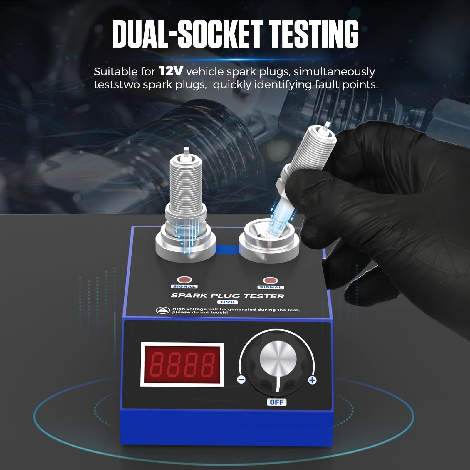 PLAYOCCAR Tester per candele 110V/220V - Doppio foro, Frequenza 500~9000RPM, Candela per auto 12V/24V, con display