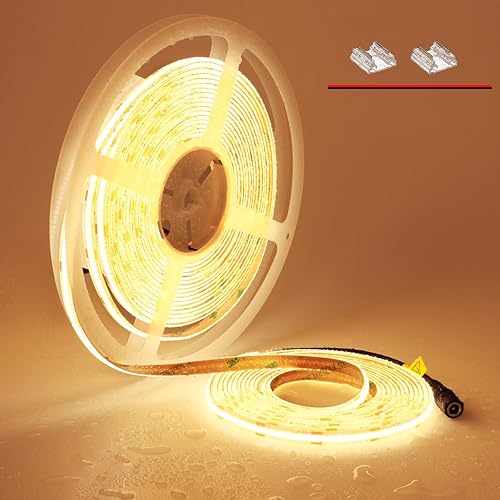 Tira de luz LED COB de 24 V, 32.8 pies, blanco cálido brillante, 3000 K, impermeable, IP65 CRI90, autoadhesivo, uniforme, sin puntos, 384 LEDsM,