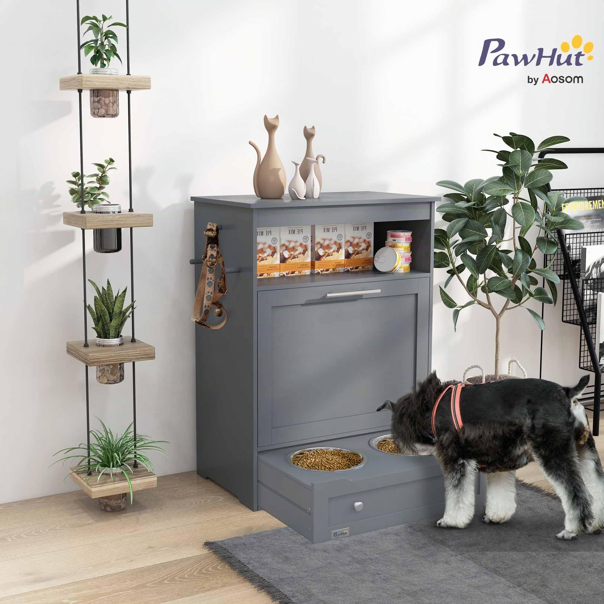 Station de mangeoire PawHut pour animaux de compagnie, contenant de rangement pour nourriture pour chien avec gamelles surélevées, crochet, pour nourriture et eau - Gris