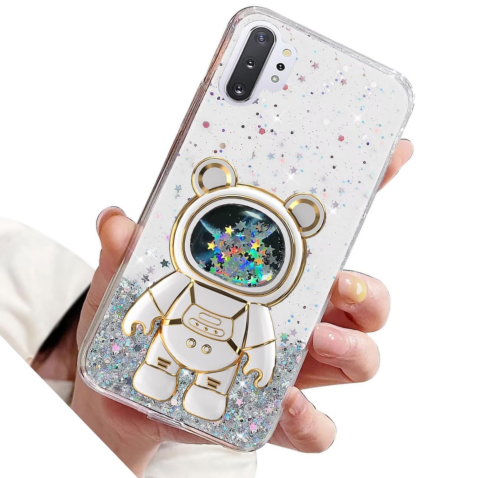 Rnrieyta Miagon Bear Astronaut Glitter Stand Case for Huawei P30 Pro,Bling Transparent Soft Quicksand Protective Slim Shockproof Cover with Astronaut Holder Kickstand,Transparent