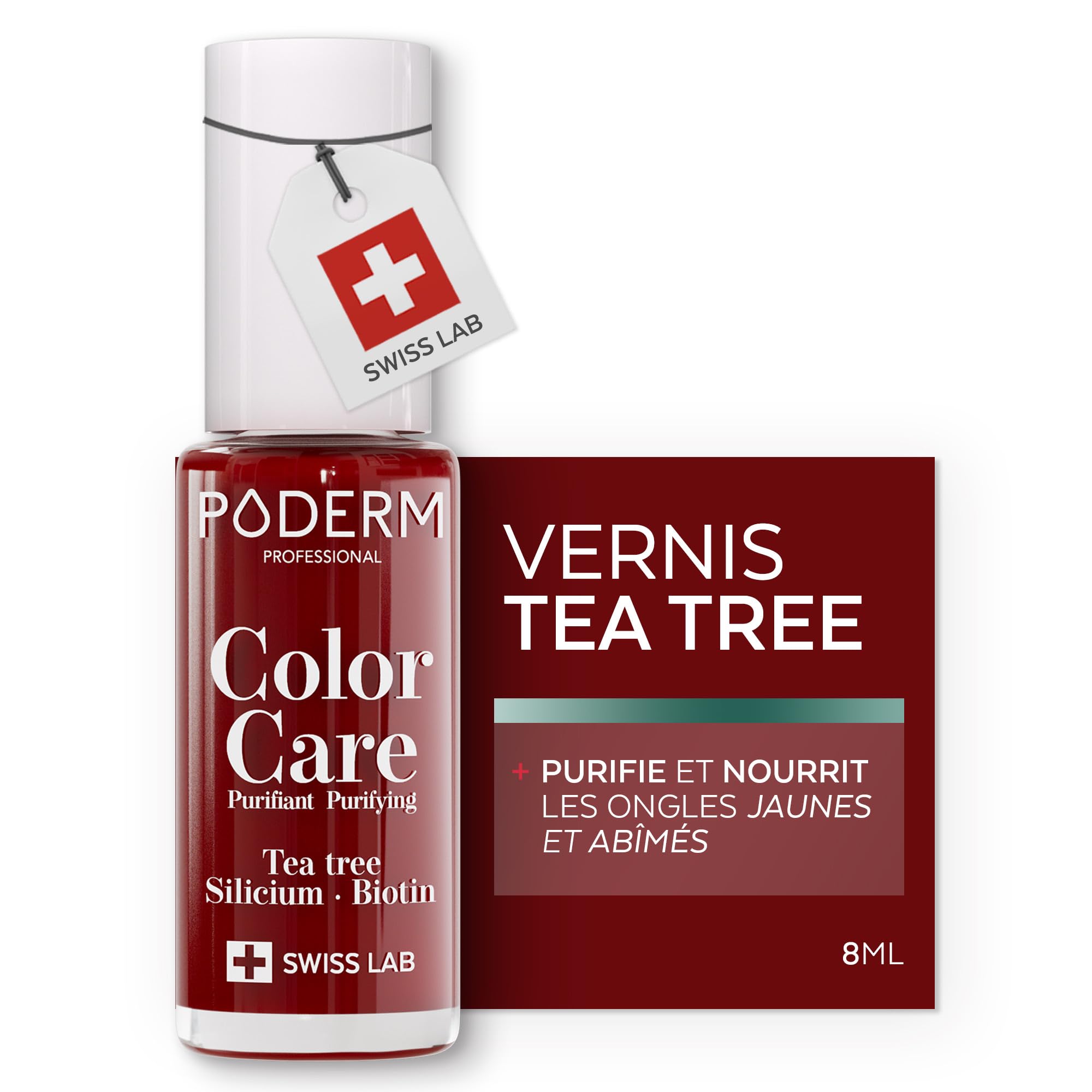PODERM Vernis Soin au Tea Tree - Rouge Allure | Swiss Lab - 8ML | Enrichis en Tea Tree, Silicium & Biotine | Purifie, Clarifie & Nourrit les Ongles Jaunes et Abîmés | Créé par une Podologue