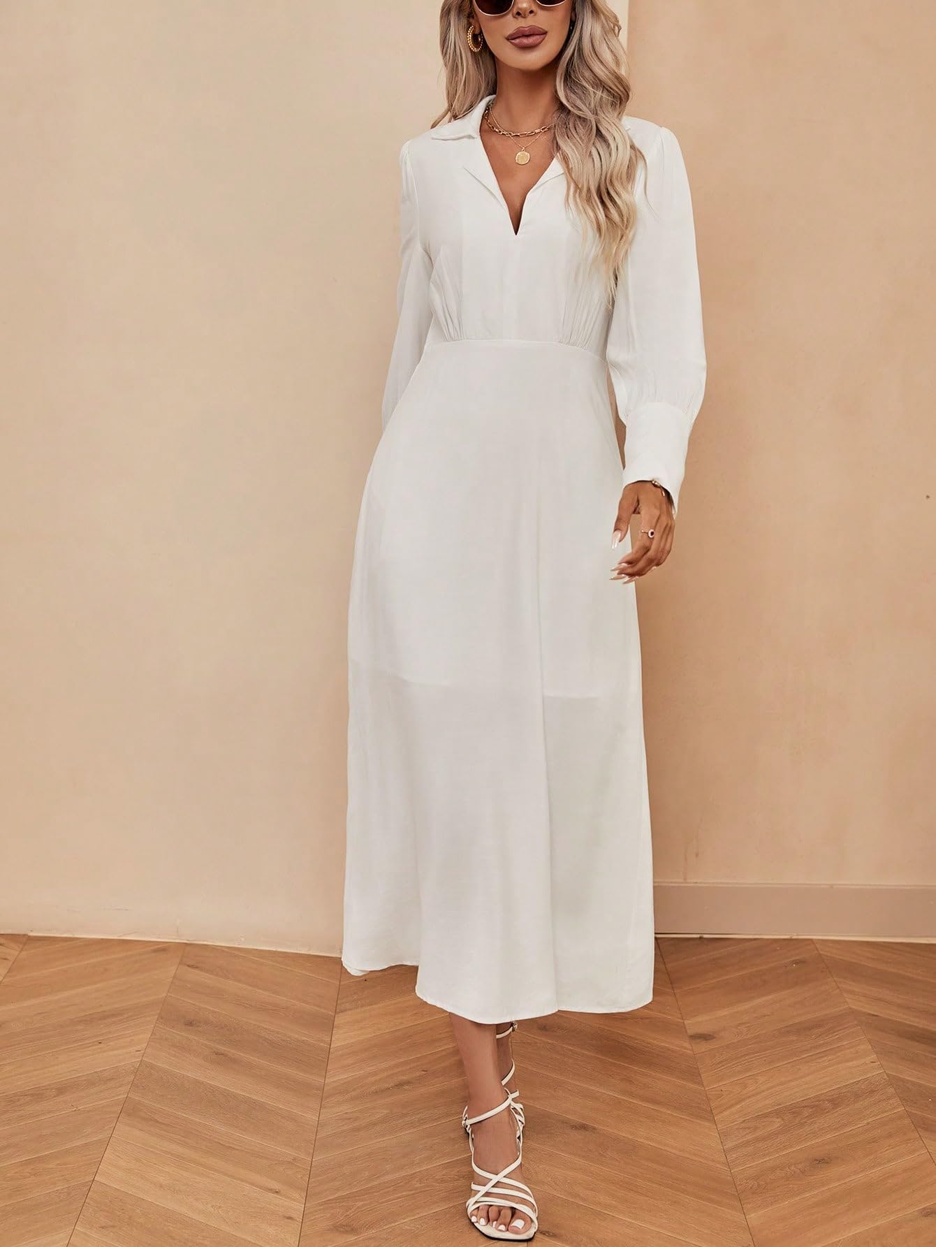 Amazon.com: Women's Dresses Solid A-line Dress Lapel Long Sleeve High Waist  Flared Hem Elegant White Dress for Women(Medium) : Clothing, Shoes & Jewelry