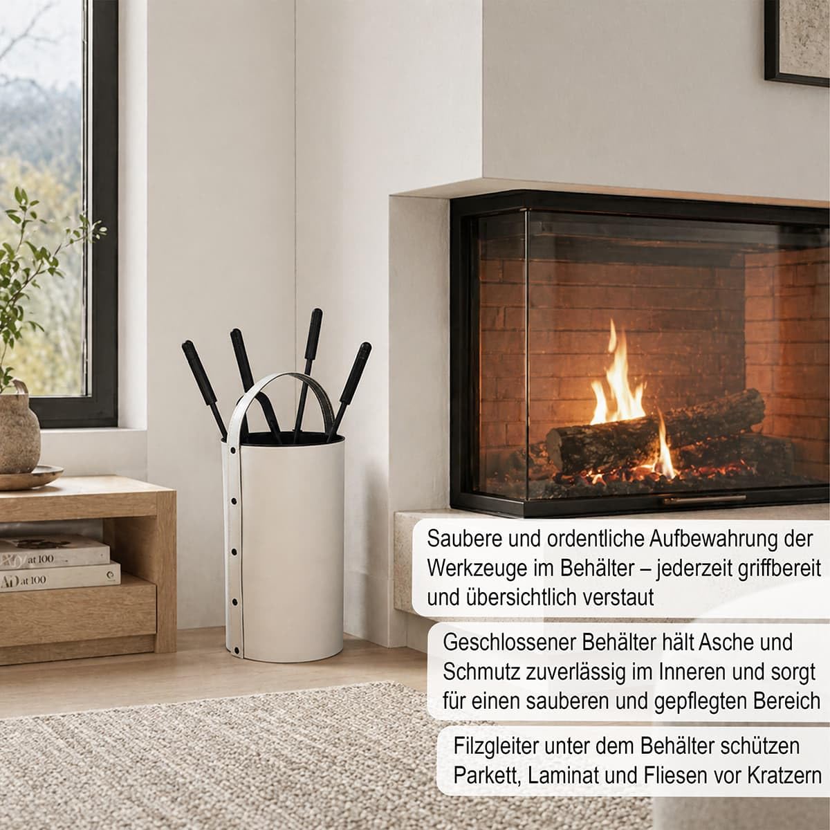 MS Beschläge Kaminbesteck Set 5-tlg mit Besteckbehälter aus Leder Altweiß - moderne Kamingarnitur Kaminwerkzeuge schwarz pulverbeschichtet - elegantes Kamin-Set Ofengarnitur Ofenbesteck mit Tragegriff