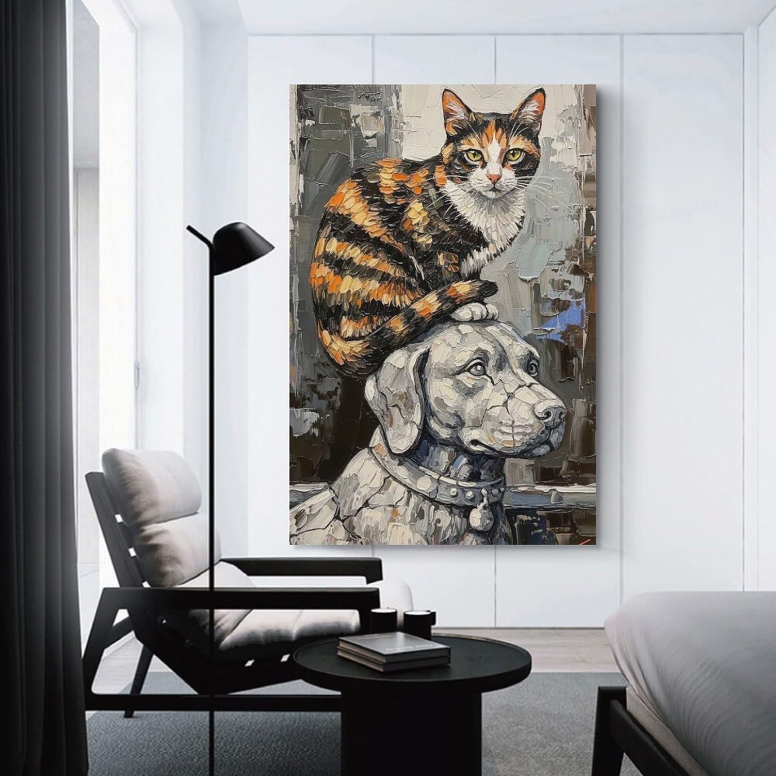 Junmoney Cat on Dog Sculpture Painting Canvas Art Print, 24x36inch(60x90cm), for Living Room, Bedroom, Office Or Hallway, Decorative Artwork with Broad Appeal