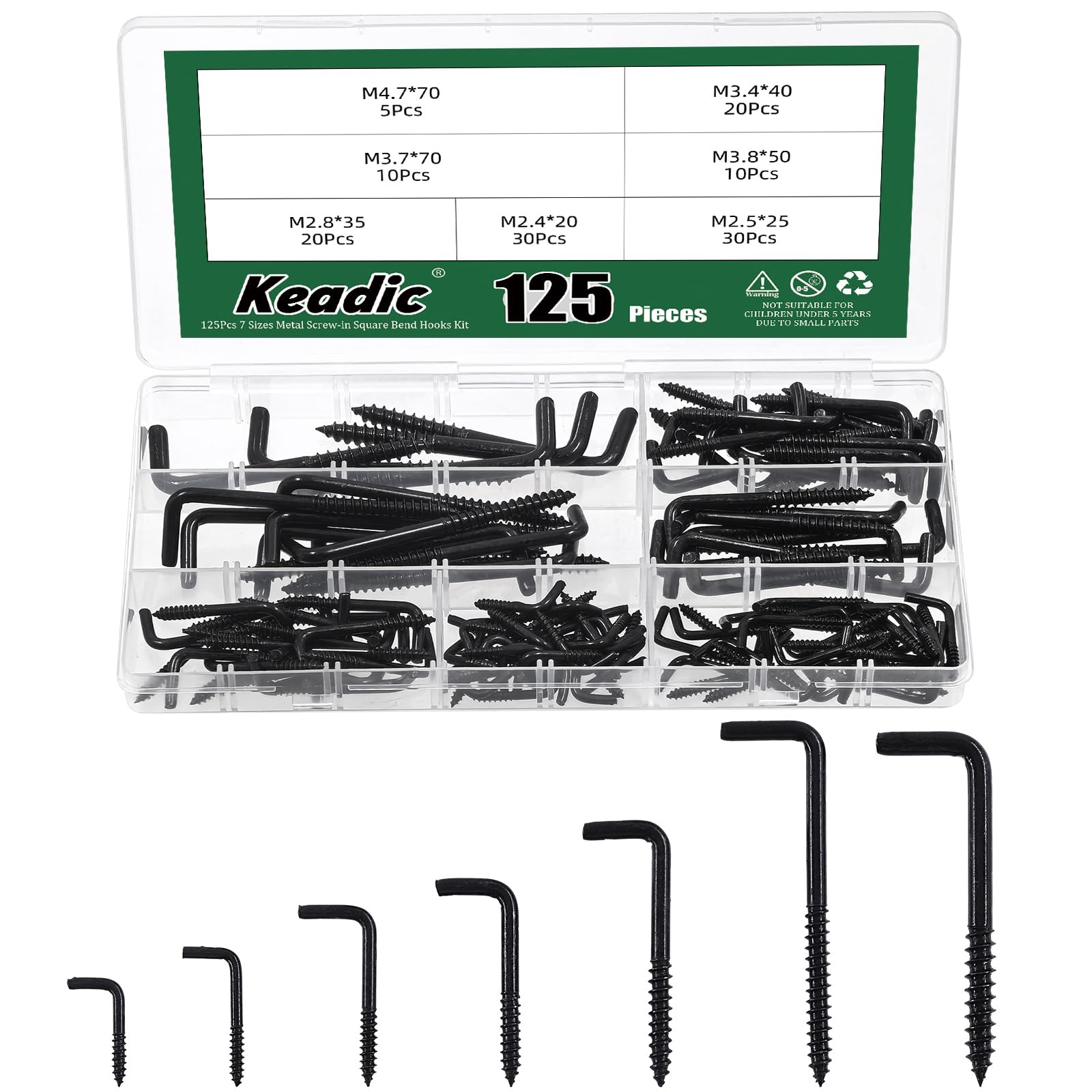 Keadic 125 Pcs Black Brass Plated Metal Screw-in Square Bend Hooks Kit Without Padding, Self-Tapping Screws Hooks