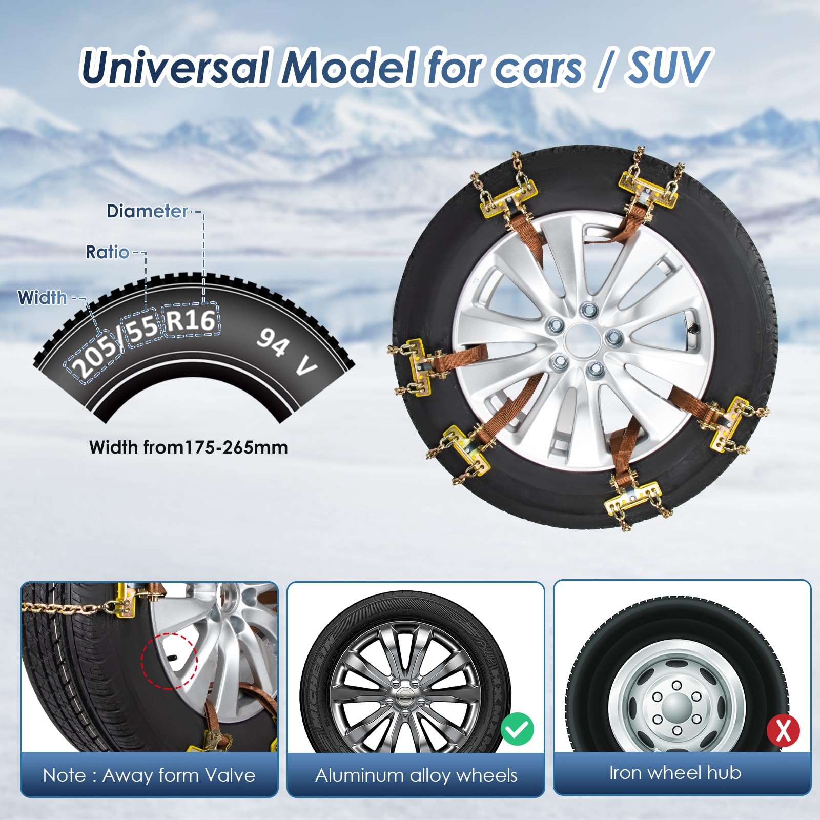 Ninonly Cadenas de Nieve para Coche 6 Piezas Universal Cadenas para Coche con Pala de Nieve de Plástico y Guantes Cadenas para Nieve Fácil de instalar para Automóviles SUV Ancho Neumático 165-265mm