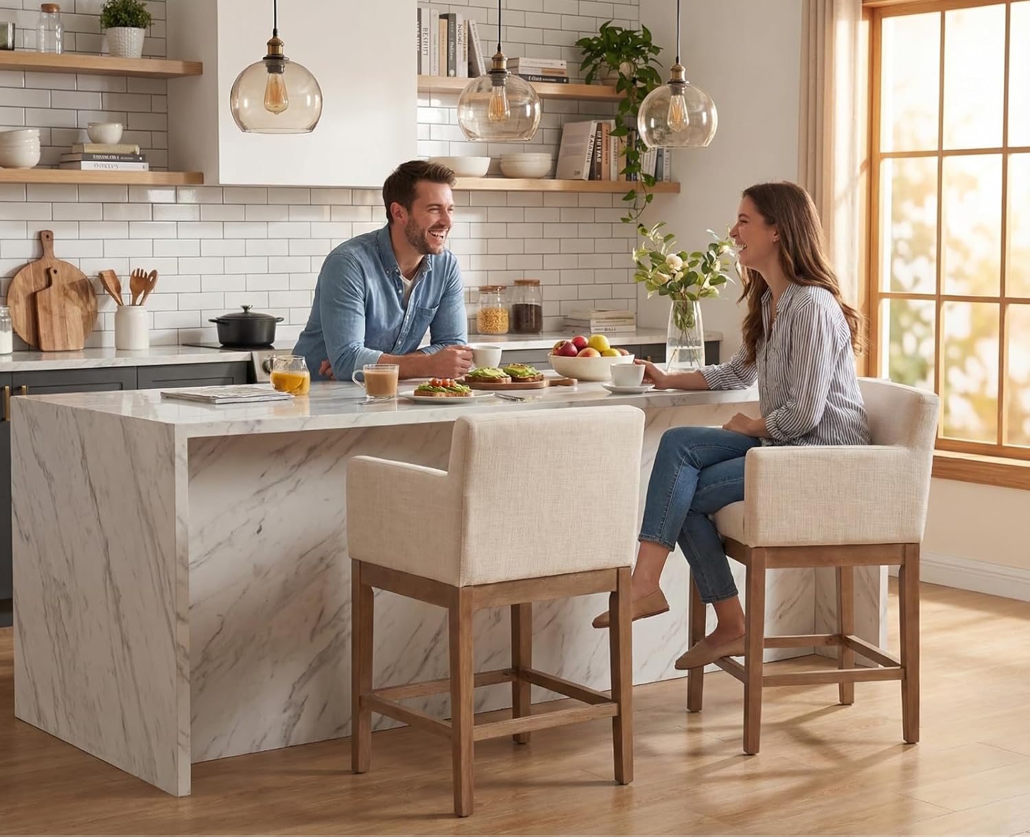 CIMOTA 26" Counter Height Bar Stools Set of 2, Modern Farmhouse Upholstered Bar Chairs with Arms & Back, Solid Wood Frame, Linen Fabric Barstools, Kitchen Island & Home Bar Seating, Beige