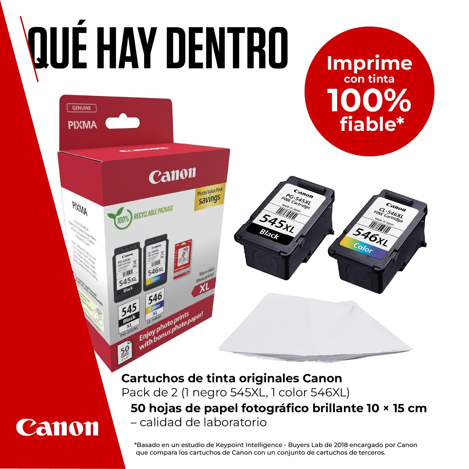Canon PG-545XL + CL-546XL, Cartuchos de Tinta Original, Cartucho de Tinta Independiente en Color Negro y Cartucho Multicolor, Incluye 50 Hojas Papel Fotográfico 4 x 6, Compatible con Impresoras PIXMA