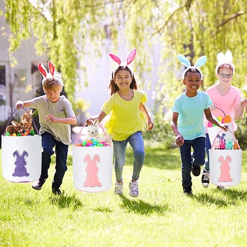 Miniatura 2 de Paquete de 2 bolsas de cesta de conejo de Pascua para niños, bolsas de lona con conejo con purpurina para niños, huevos de Pascua, decoración de