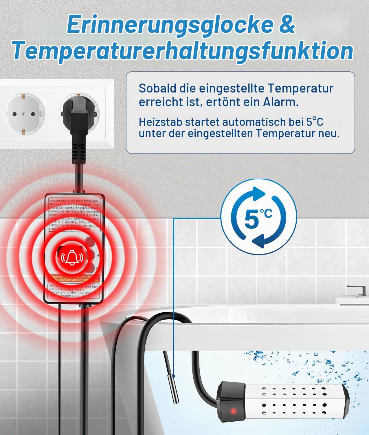 WADEO Tauchsieder 2500W mit Digitaldisplay und Isoliergriff, Elektrischer Tauchwasserbereiter Wassererhitzer, Präzise Temperaturregelung, Tragbarer Wasserkocher Edelstahl für Camping, Reise, Notfälle