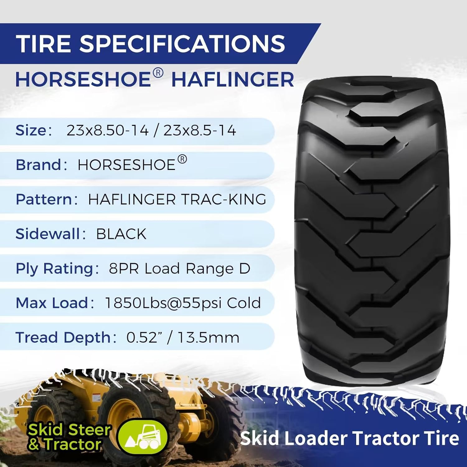 HORSESHOE 23x8.5-14 8Ply R-4 Super Heavy Duty D Load Skid Steer Tires w/Rim-Guard-Wall 23x8.50-14 NHS 2385014 T168 R-4 L2/G2 (2-Packs)