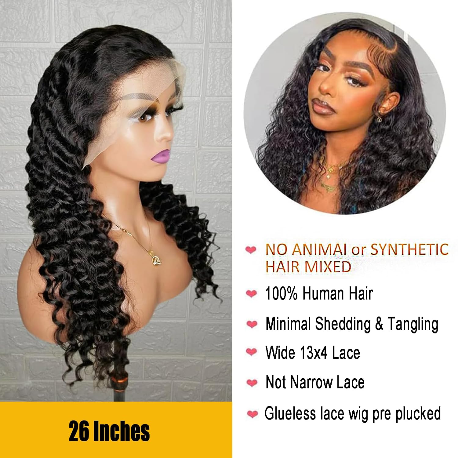 SENSAIRUITE Deep Wave Lace Front Wigs Human Hair 180% Density Curly Lace Front Wig Human Hair 13x4 HD Transparent Glueless Lace Frontal Wigs Pre Plucked Natural Black 22 Inch