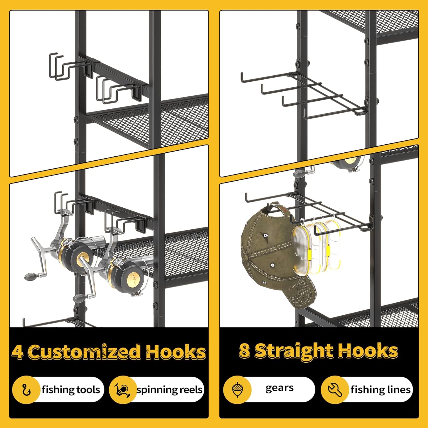 SOYEEZE Large Size Fishing Rod Holders for Garage, Heavy Duty 3-Tier Fishing Pole Rack Holds Up to 12 Rods, Fishing Gear Organizer with 2 Metal Baskets, Fishing Storage Cart with Lockable Wheels