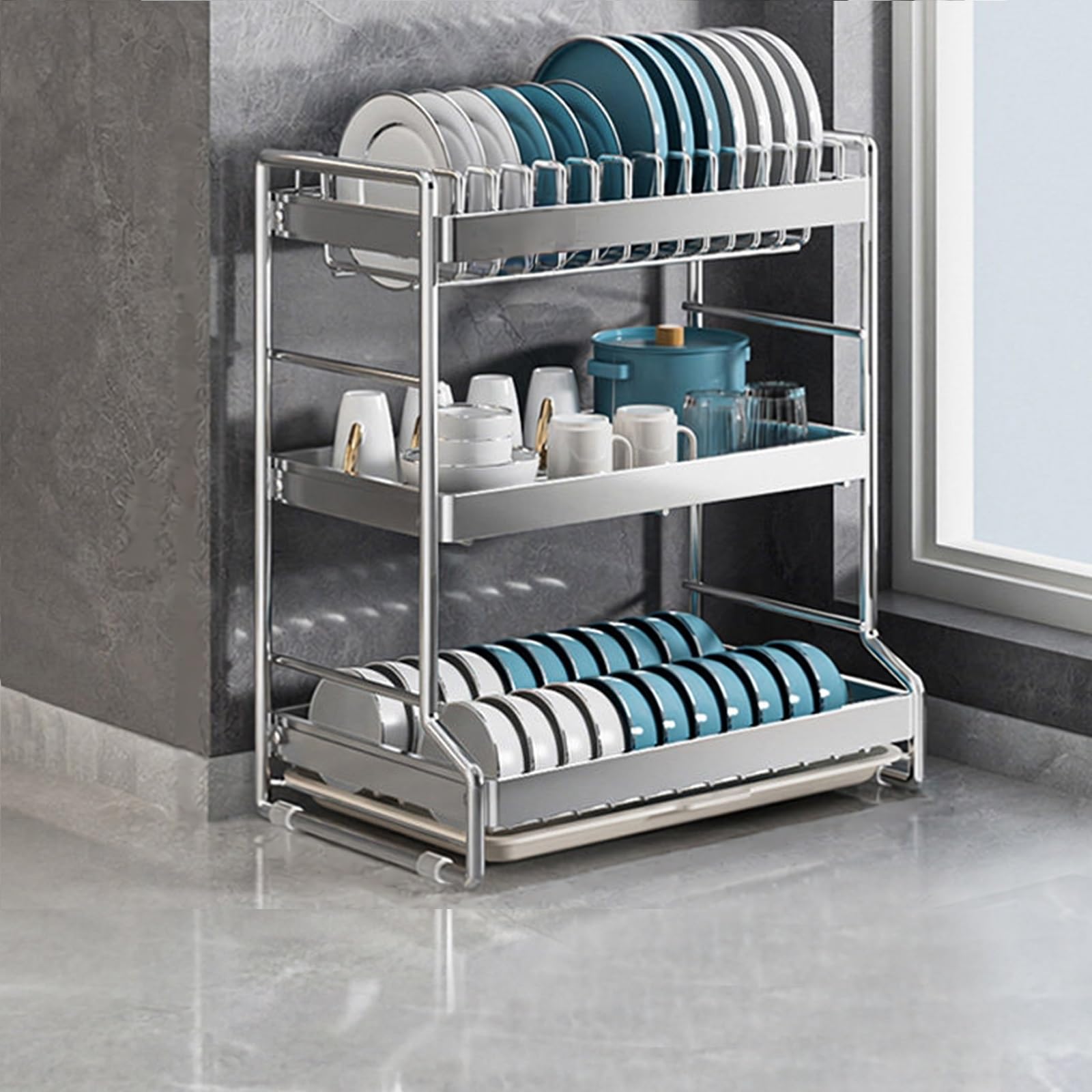 LQXCHEFYVA Countertop Dish Drying Rack, Space Saving Kitchen Plate & Bowl Drainer Storage Organizer, With Removable Drain Tray, Suitable For Draining Kitchen Dishes(A,42x48cm/16.5x18.9in)