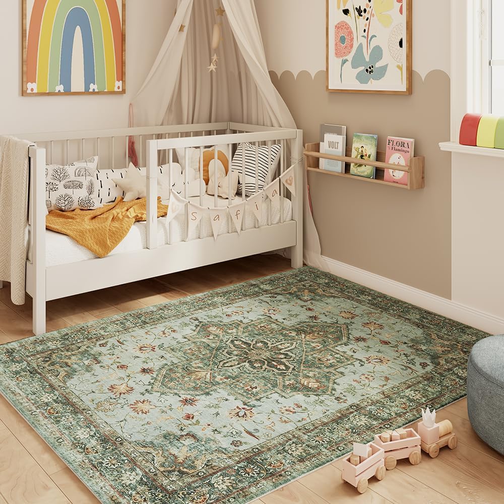 4x6 Green Washable Area Rug for Living Room, Dining Room, Bedroom, Large Carpets, Non Slip & Non-Shedding Low Pile Vintage Print Rug for Home Office Decor