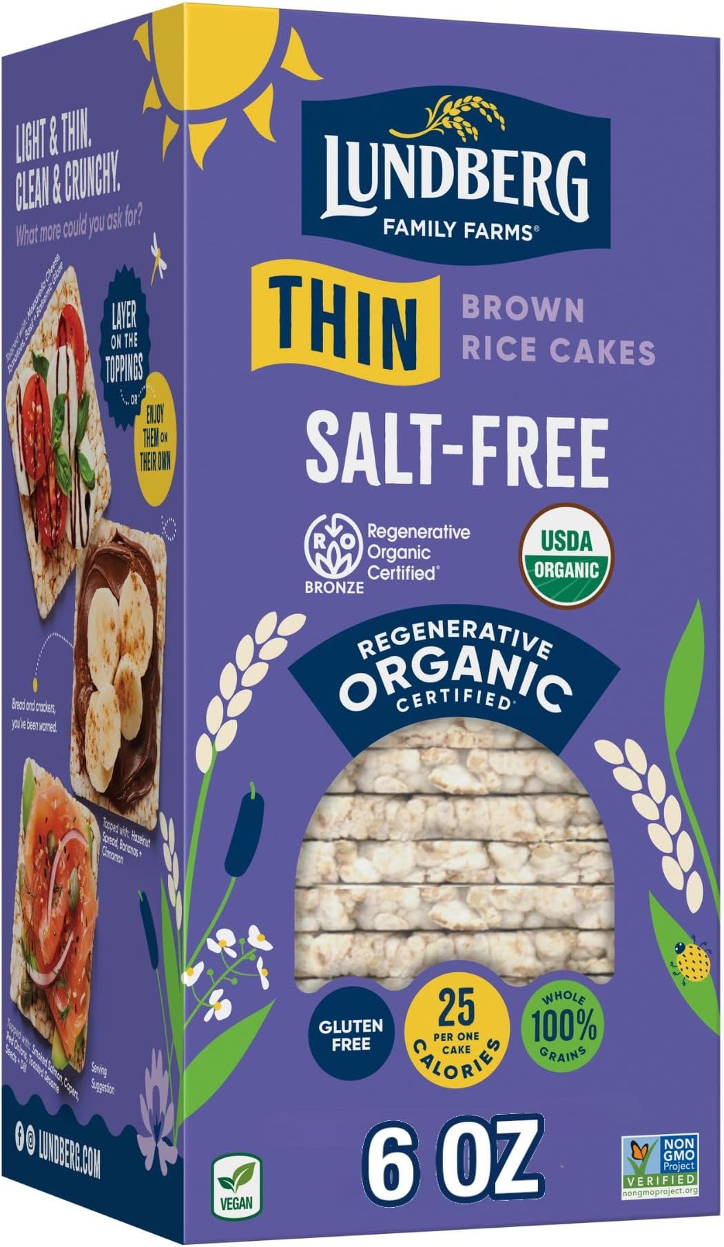 Organic Thin Stackers, Salt-Free, 6oz, Gluten-Free, Vegan, Kosher, USDA Certified Organic, Non-GMO Verified, Whole Grain Brown Rice