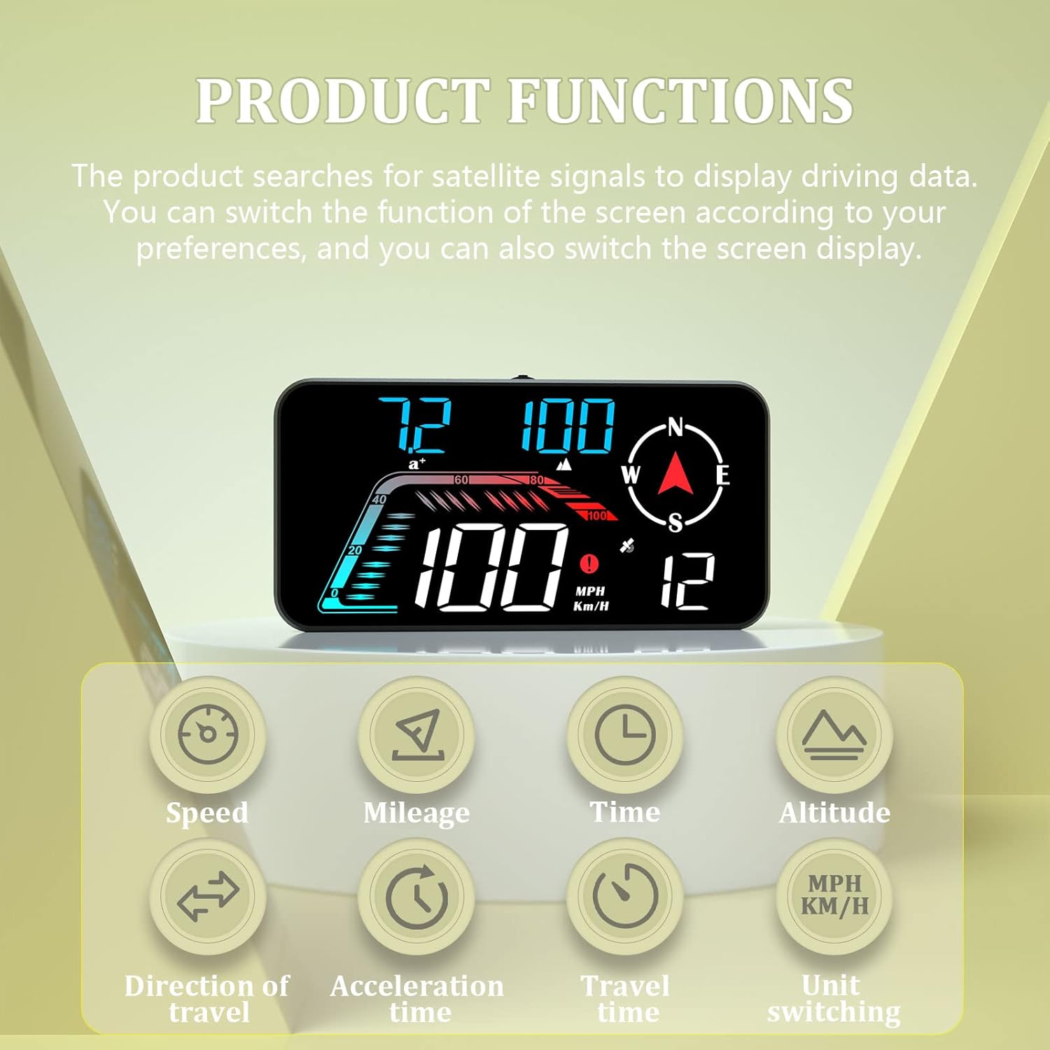 AMROOLOO G12 display showing various functions like speed, mileage, time, altitude, and direction