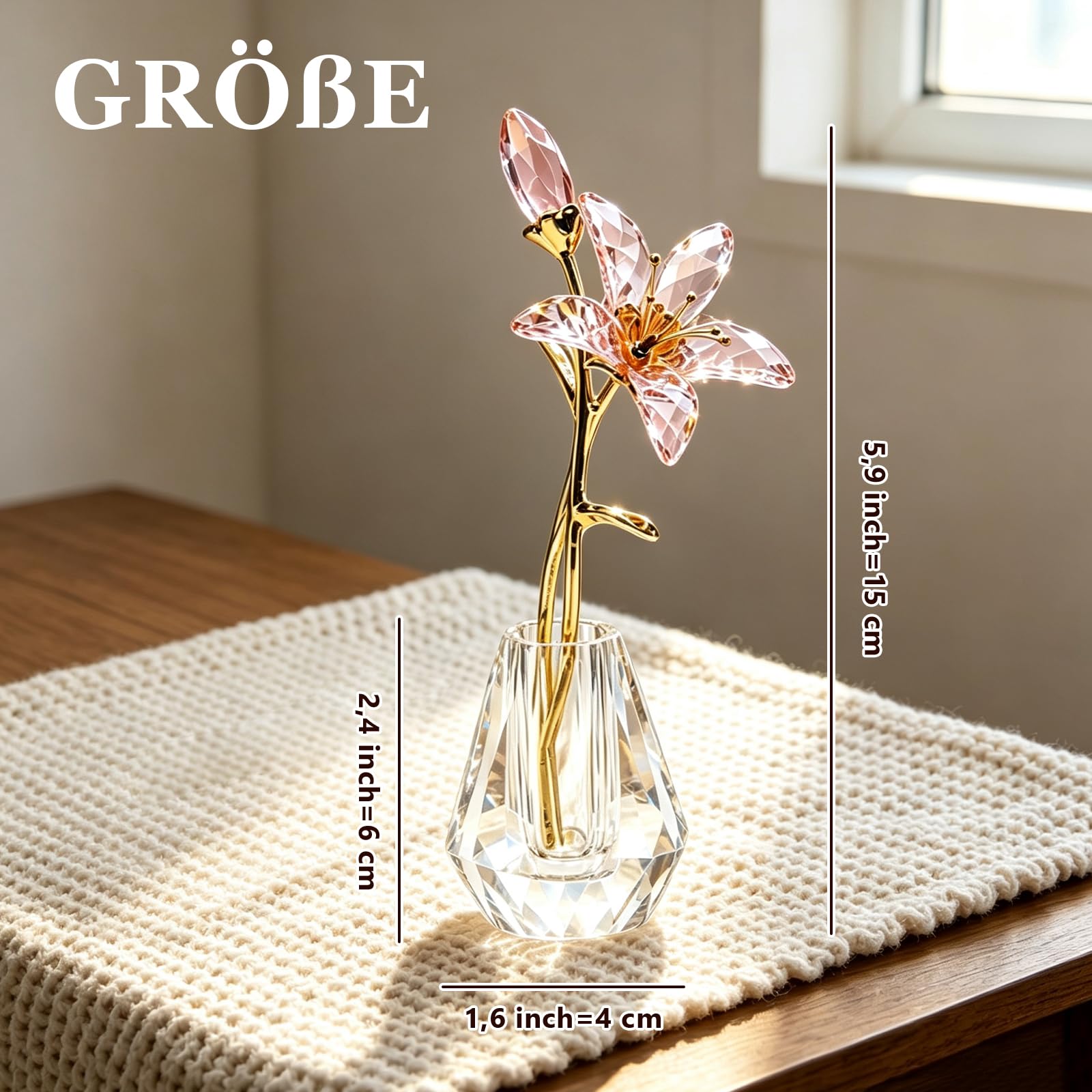 Hoypeyfiy Kristall-Lilienblume Floralfigur Figur Sammlerstücke für Frauen, Glas-Pink-Lilie mit Kristallvase und Metallstiel, ideal für Heim-, Hochzeits- und Partydekoration