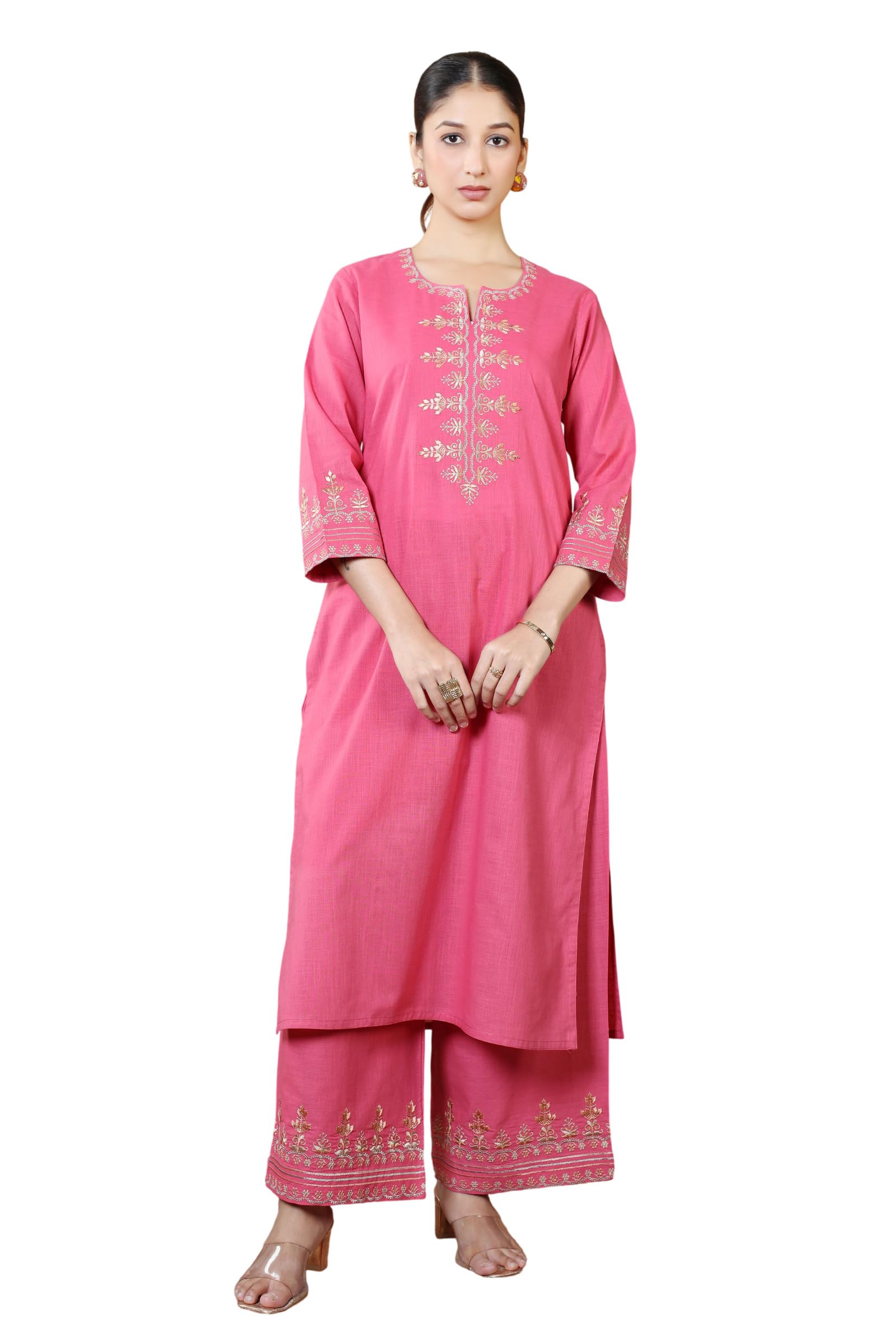 Pink Floral Embroidered Pure Cotton Ethnic Co-Ord Set-S-image-28