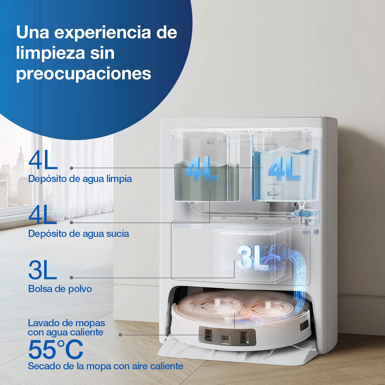 ECOVACS DEEBOT T20 Omni Robot Aspirador y fregasuelos, 6000Pa, Lavado con mopa giratoria con Agua Caliente, función de elevación y autosecado de fregonas, autovaciado, detección de obstáculos 3D