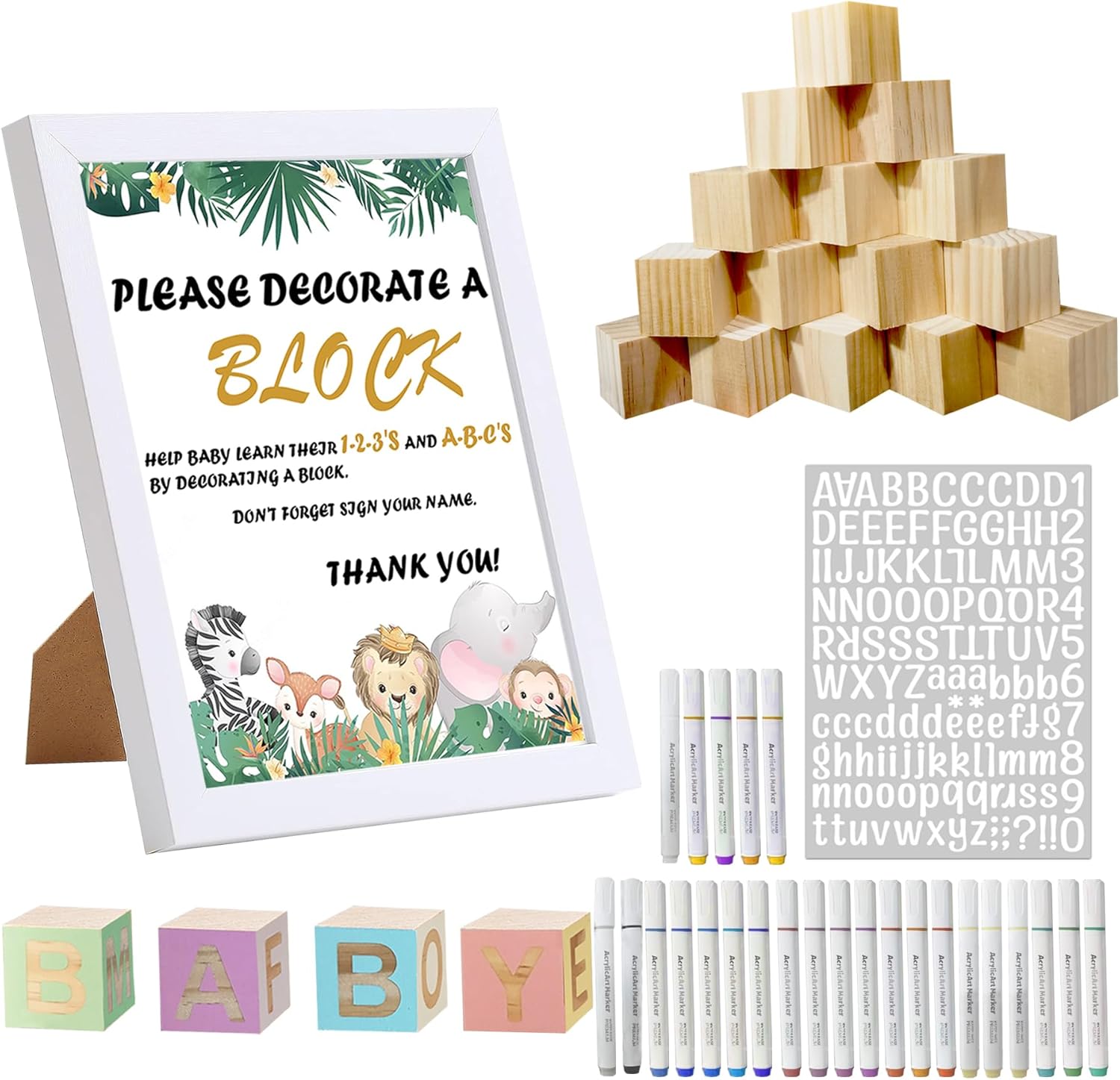 70pcs Wooden Baby Blocks for Baby Shower Game Kit DIY Decorate a Block Sign 45pcs Blank Wooden Blocks 24pcs Acrylic Paint for Baby Shower Block Activity Craft (Woodland)