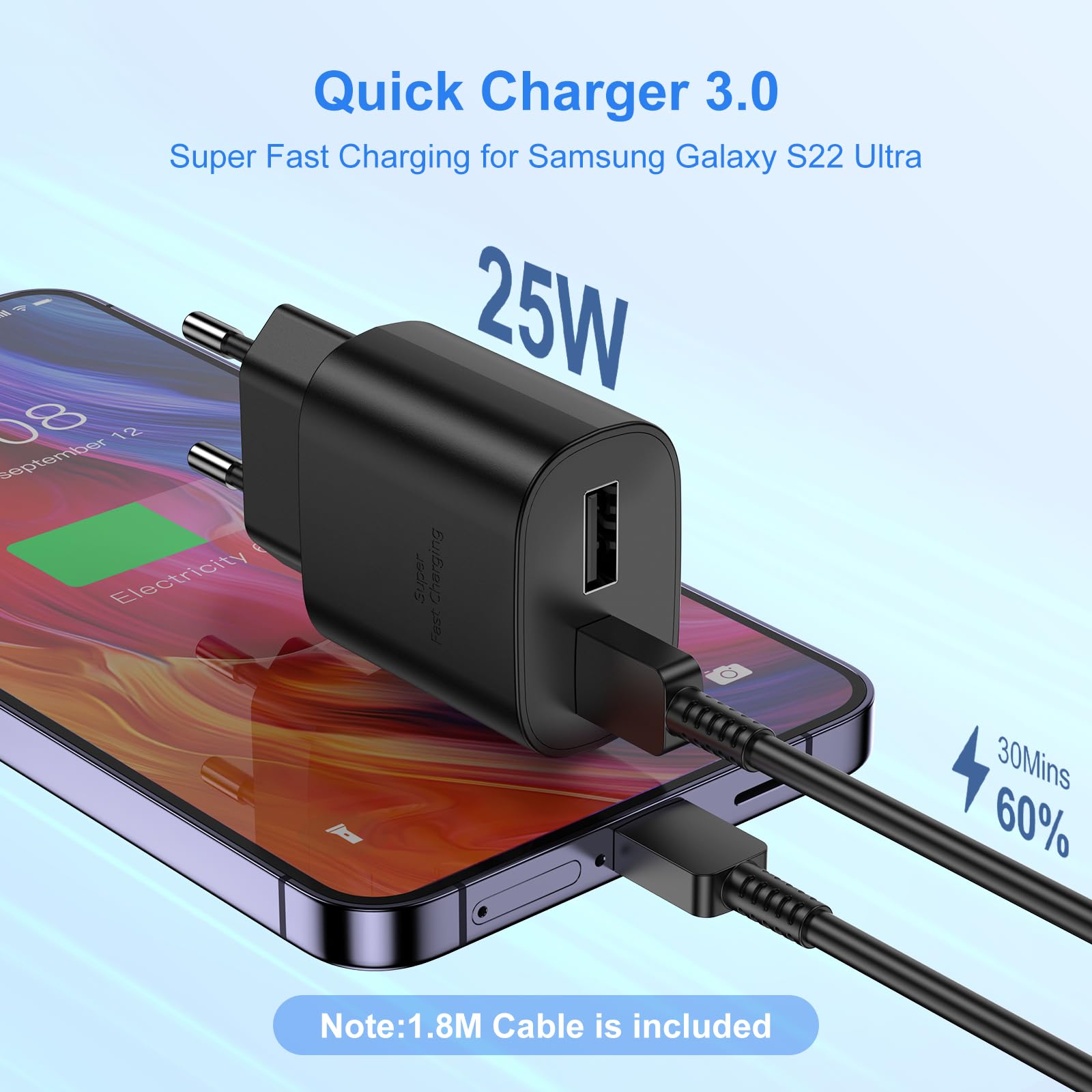 Caricatore C,Caricabatterie Sumsamg 25W,Rapido Presa Caricatore Carica Cellulare,Alimentatore C Caricabatterie per Samsumg Galaxy S22/S22 Ultra/S21 Ultra 5G Adattatore con Tipo C Cavo