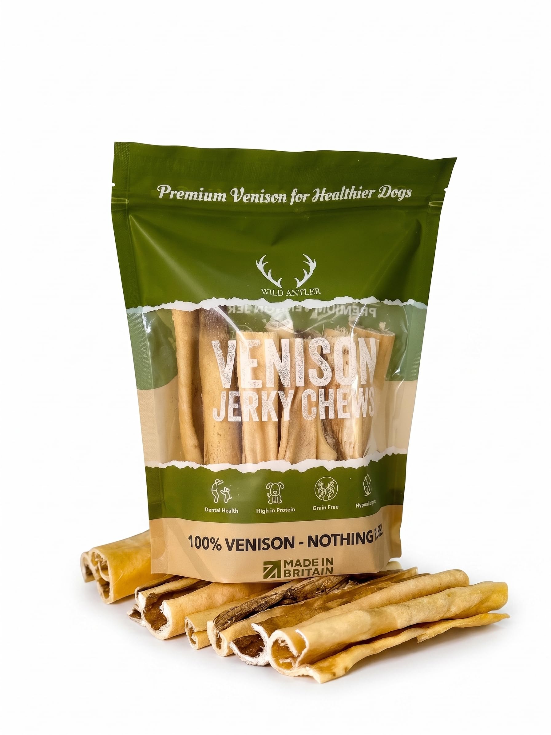 Wild Antler Venison Jerky Chews for Dogs 200g – Single Ingredient 100% Venison Skin, Grain Free High Protein Daily Chew, Ideal for Sensitive Dogs