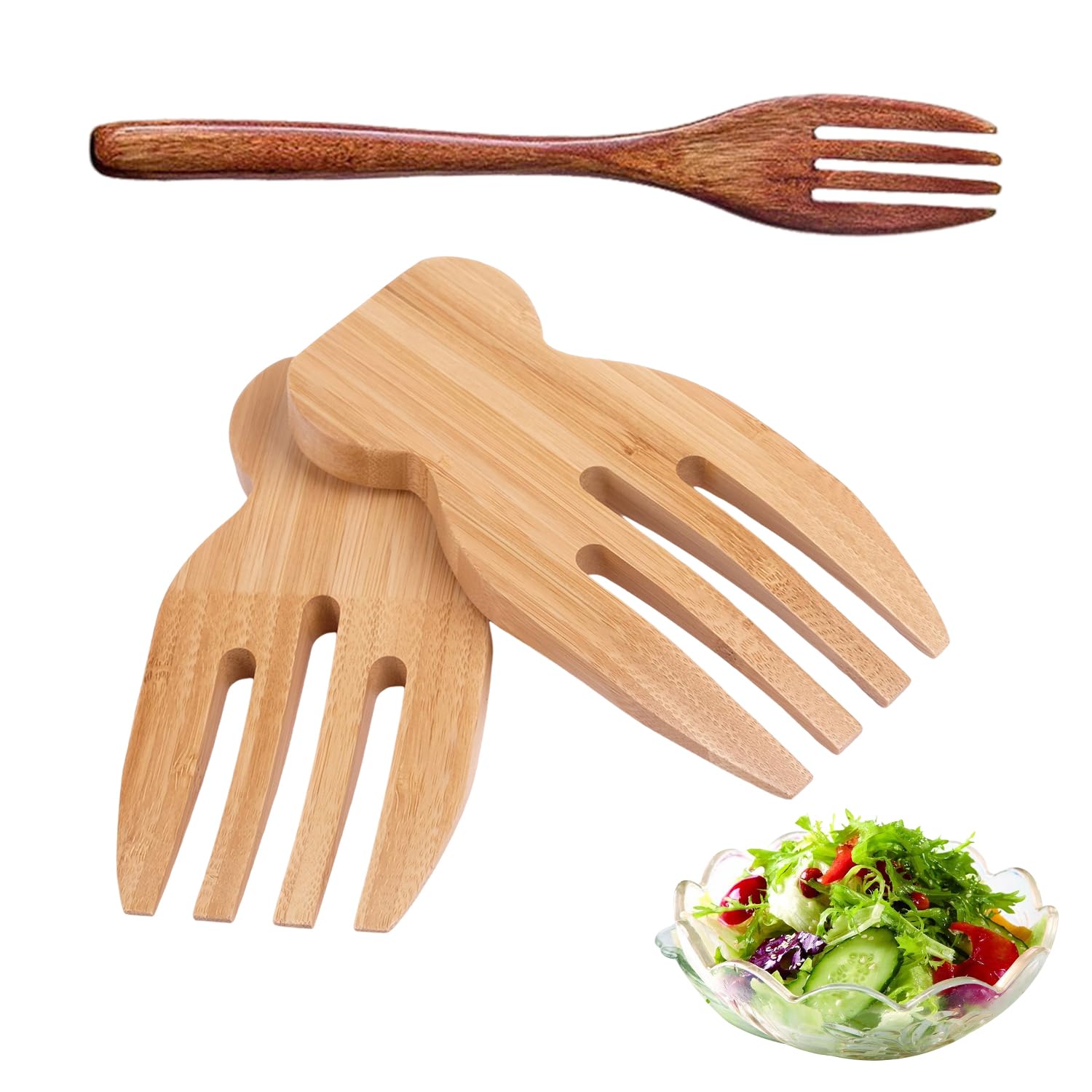 Lot de 2 fourchettes à salade et 1 fourchette en bois à long manche, couverts en bois, agitateur à salade, ustensiles de cuisine, accessoires de cuisine