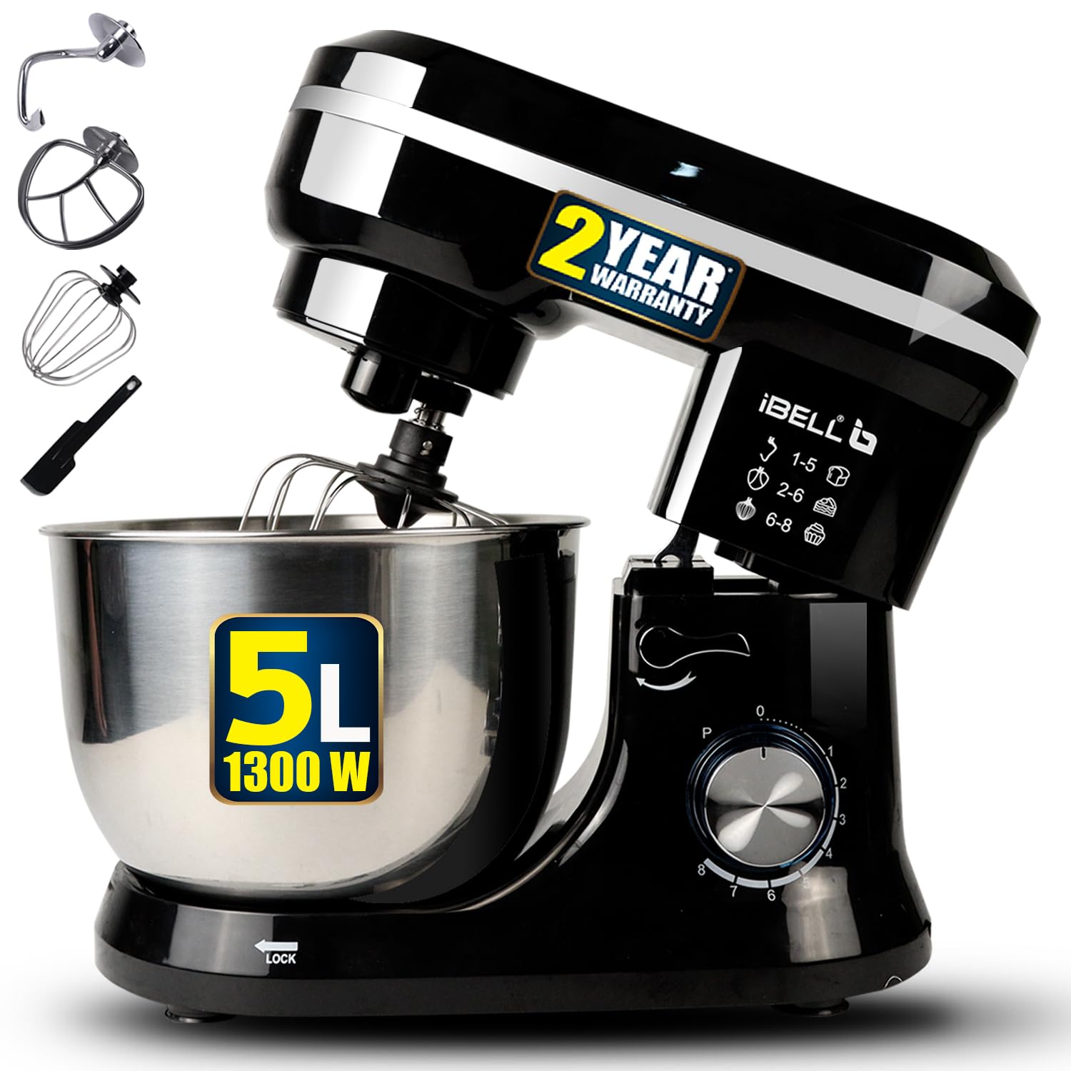 iBELL 4500M PRO Stand Mixer – 1500W Kitchen Mixer with Tilt-Up Head, 8-Speed Control, 100% Copper Motor, 5L Stainless Steel Bowl & Planetary Mixing Action, Multipurpose Food Mixer (Black)