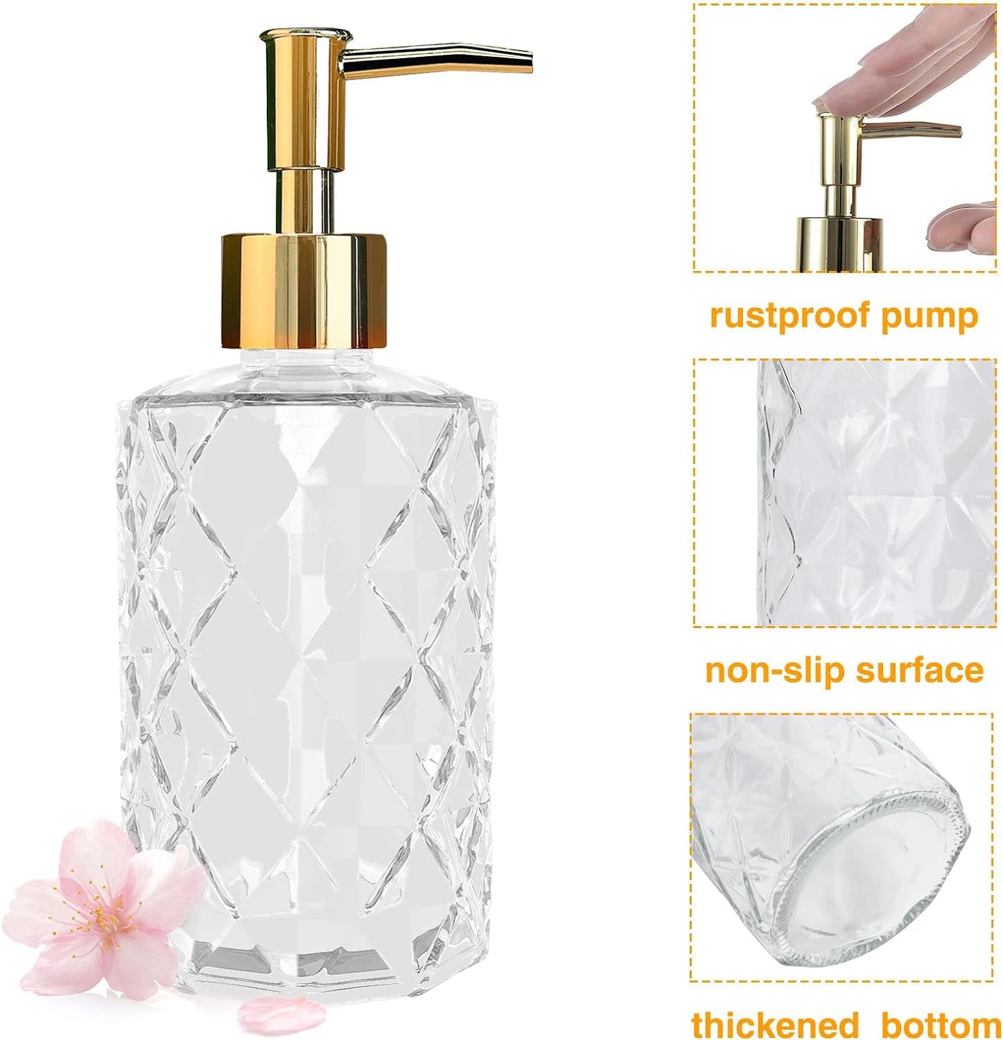 Soap Dispenser, 2 Pack, Clear Diamond Glass Refillable Hand Soap Dispensers, Hand and Dish Soap Dispenser - Image 3