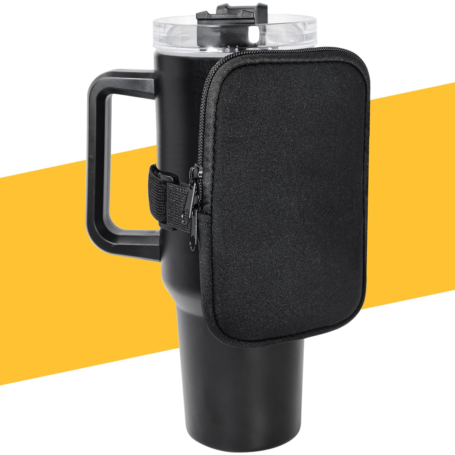 FECBKWater Bottle Pouch, Stanley Cup Accessories Compatible with Quencher Adventure 40 oz & IceFlow 20 oz 30 oz, Tumbler Bag with Dual Zipper for Phone Cards Keys Cash (Black)