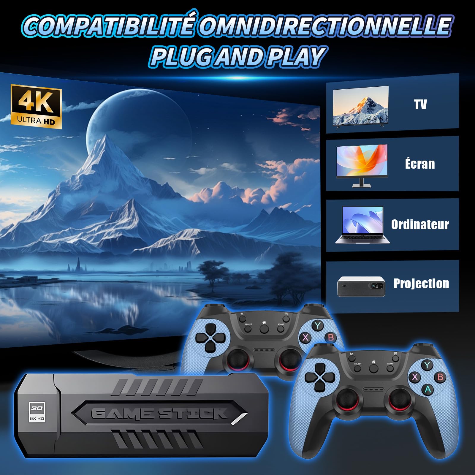 X2 Bleu Console de Jeux Retro 4K, Émulateur pour Console Vidéo, 70 000+ Jeux Rétro Intégrés, 50+ Émulateurs, Clé de Jeu Vidéo Plug and Play pour TV (256Go, Manette sans Fil Rechargeable)