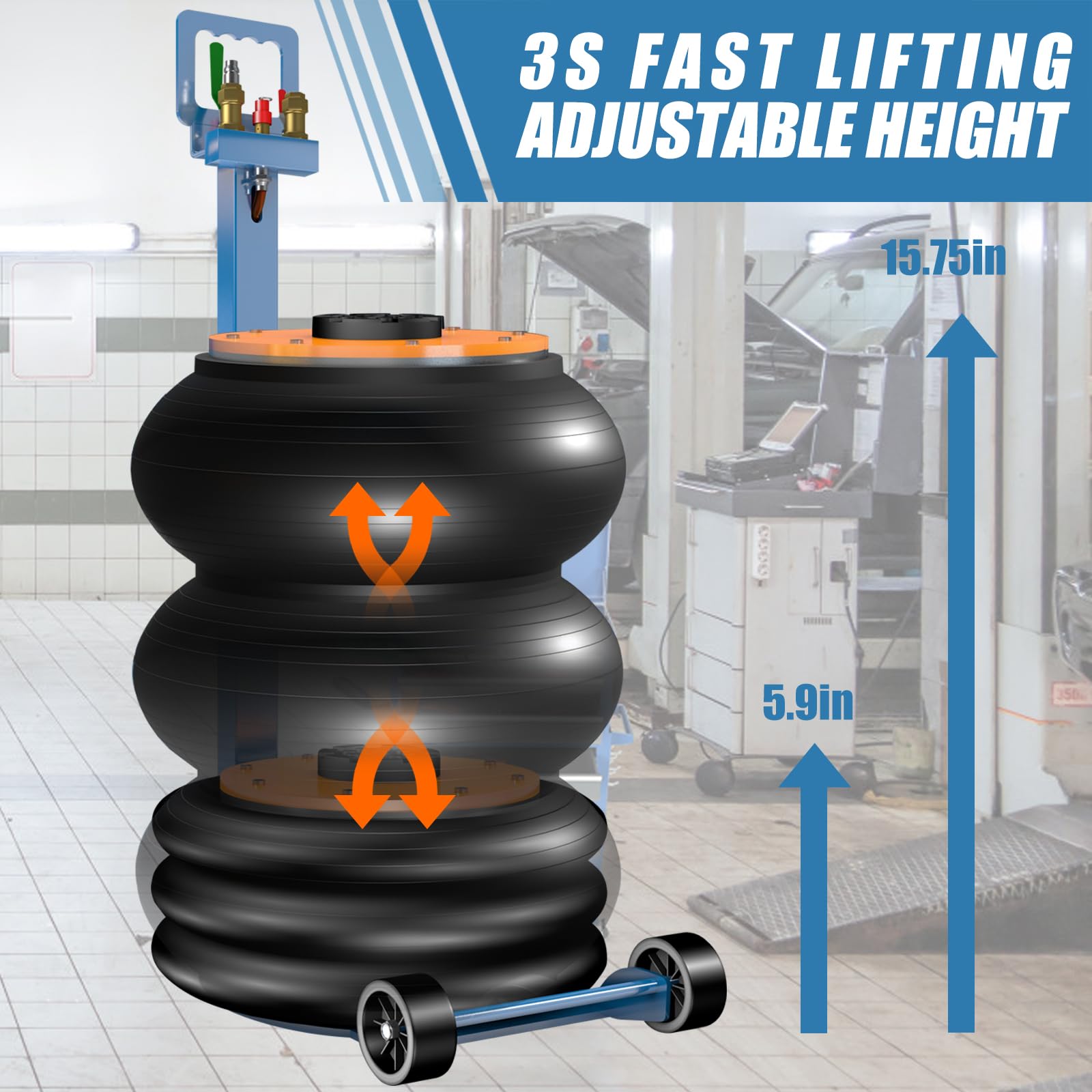LARBANKE Gato de aire, gato neumático de triple bolsa de 5 toneladas/1000 libras, altura de elevación rápida de 3 segundos de 5.9 a 15.75 pulgadas, gato de aire con manos largas ajustables, para