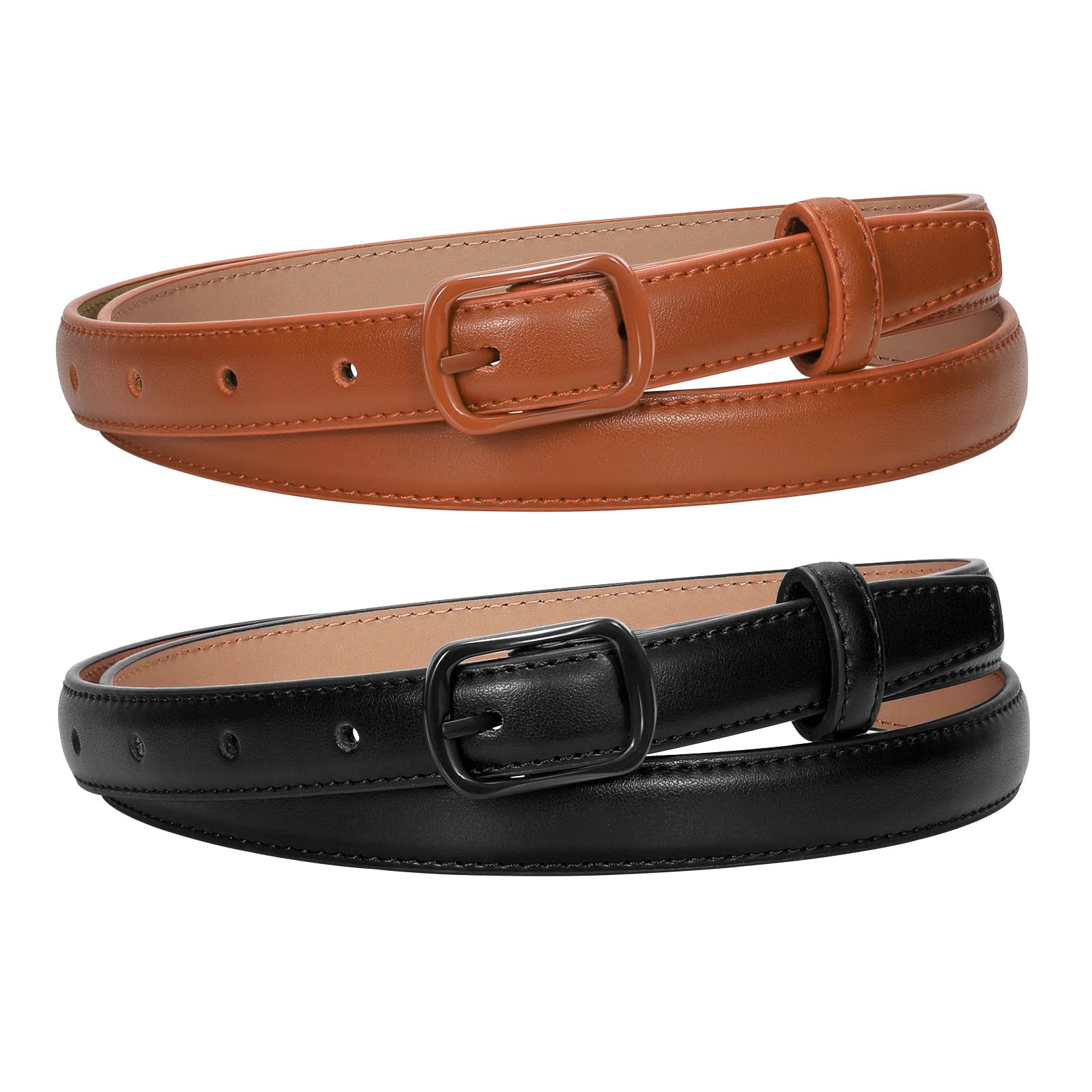 XZQTIVE Black Skinny Belt for Women Jeans Thin Leather Waist Belts With Black Metal Prong Buckle, 2 Black+brown, Fit Pants 30-36in
