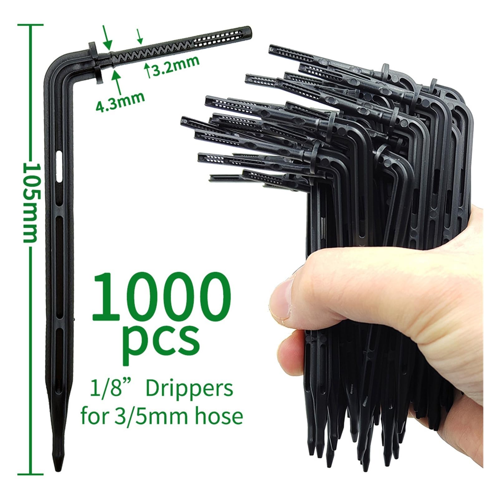 50-1000 goteros verdes de 1/8 pulgadas for sistema de microgoteo de jardín | Emisores de flechas curvadas for riego por goteo de jardines en macetas.(Black-1000pcs)