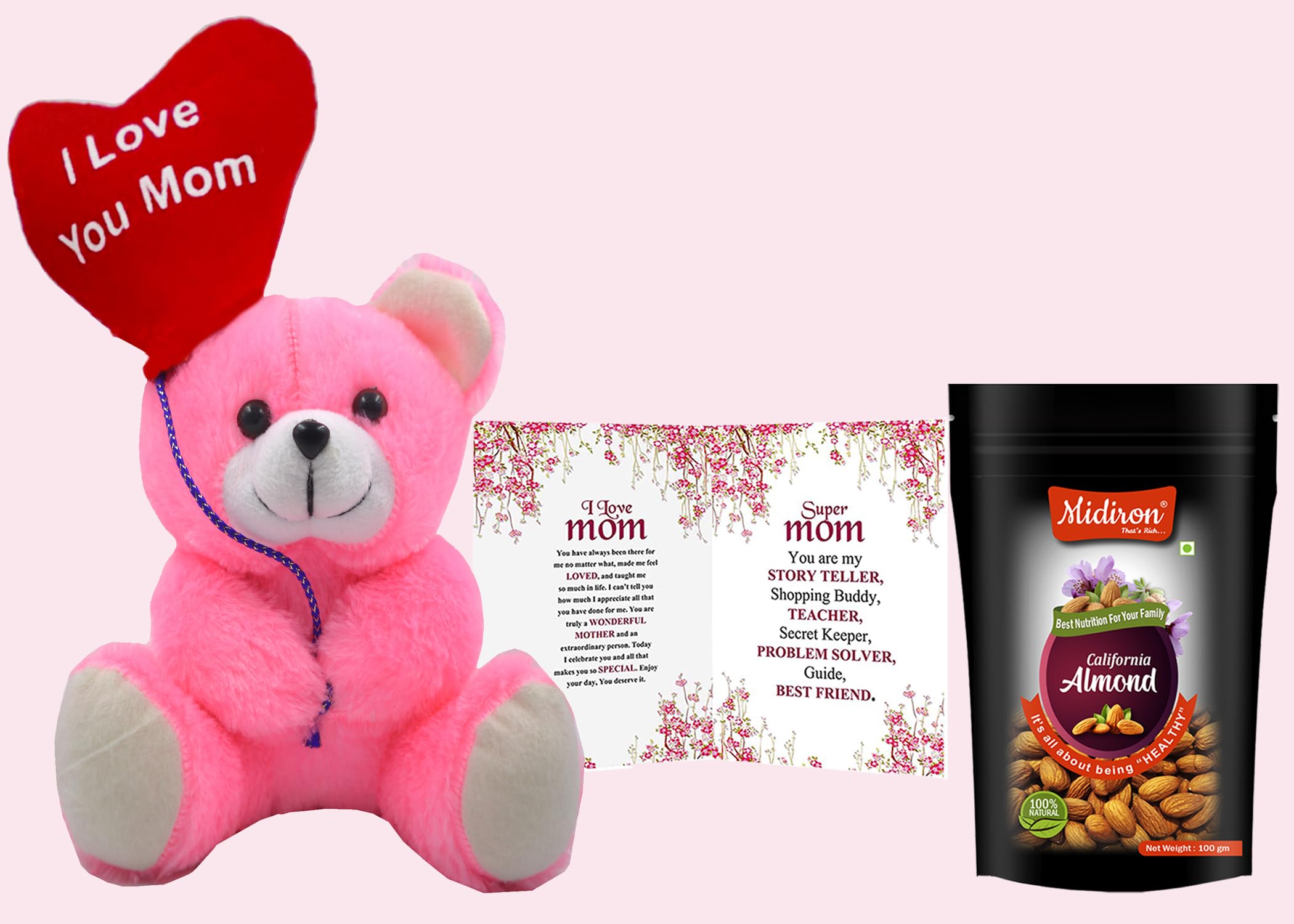 Midiron High in Protein & Boost Immunity |mother's day gift for mom, Aunty, Grandmother gift | Real Nuts | Gluten Free | California Almonds 100g Pack Pouch, Pink Teddy, Greeting Card-image-21