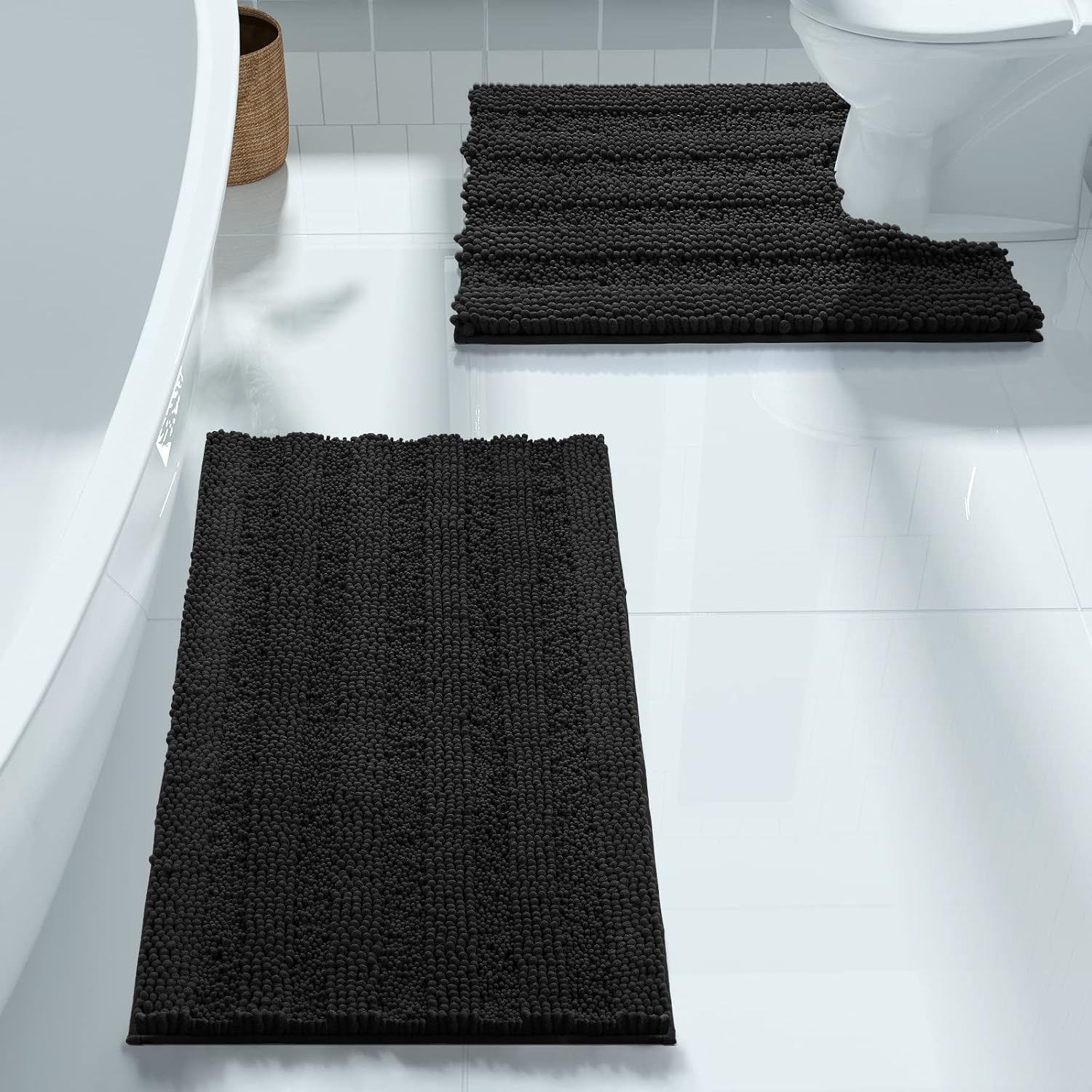 Yimobra Bathroom Rugs Sets 2 Piece, Soft Absorbent Chenille Bath Mat and U-Shaped Toilet Rug, Non Slip Machine Washable Quick Dry, Plush Shower Rugs for Bathroom Floor, 24"x17"+24"x20", Black