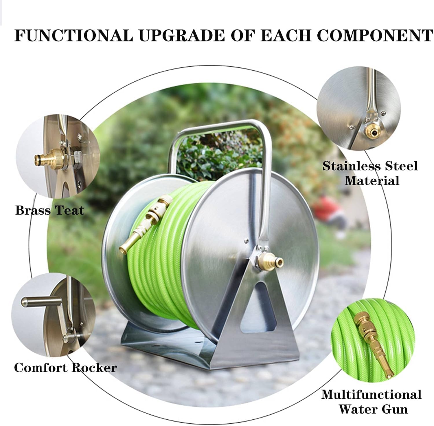 Carrete de Manguera de Acero Inoxidable para Montaje en Pared, Soporte para Manguera de jardín con Estante de Almacenamiento, Carrete de Manguera de Agua de Metal portátil para Montaje en pa