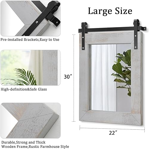 Miniatura 2 de AAZZKANG Espejo rectangular con marco de madera, espejo de pared rústico de 30 x 22 pulgadas, espejo colgante para puerta de granero para baño, sala