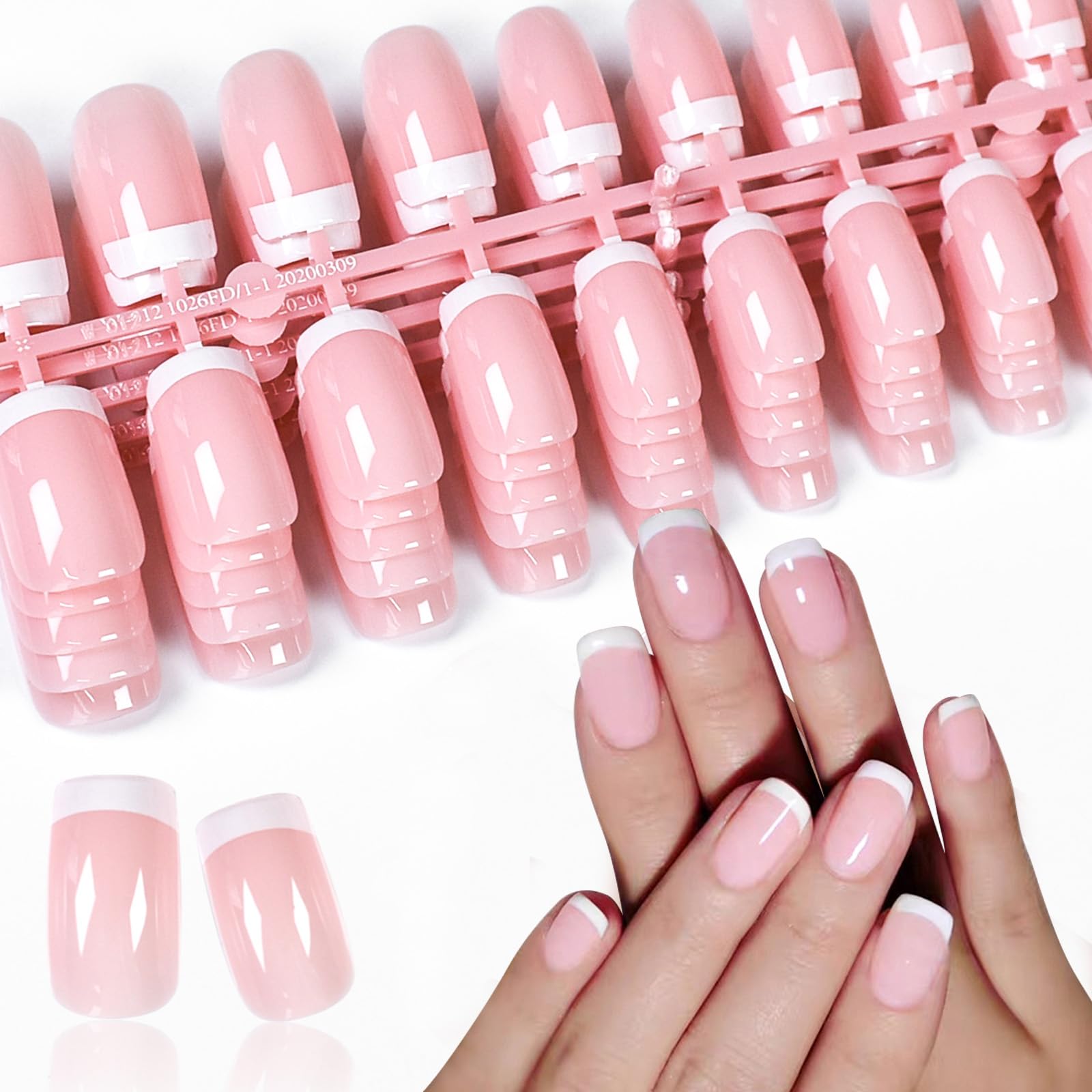 Photo 1 of 120pcs 5 Set White French Tip Press on Nails Medium Square Fake Nails Pink False Nails, IKISKT French Press ons Square Nail Acrylic Artificial Nail with Adhesive Tab for Women Girls
