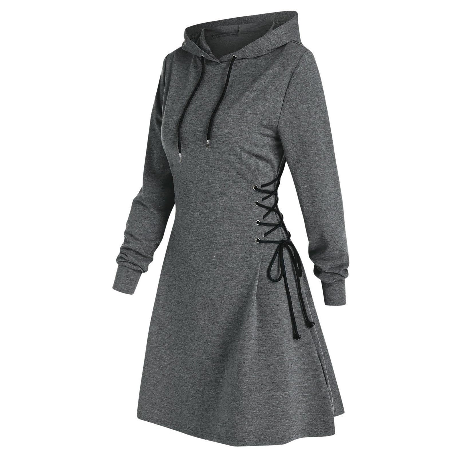 Hoodie Kleid Damen Figurbetonte Dress Lang Pulloverkleid Korsettkleid mit Schnürung Sweatshirtkleid Tunika Bodycon Kleid Langarm Minikleid mit Kordelzug Winter Herbst Kleid