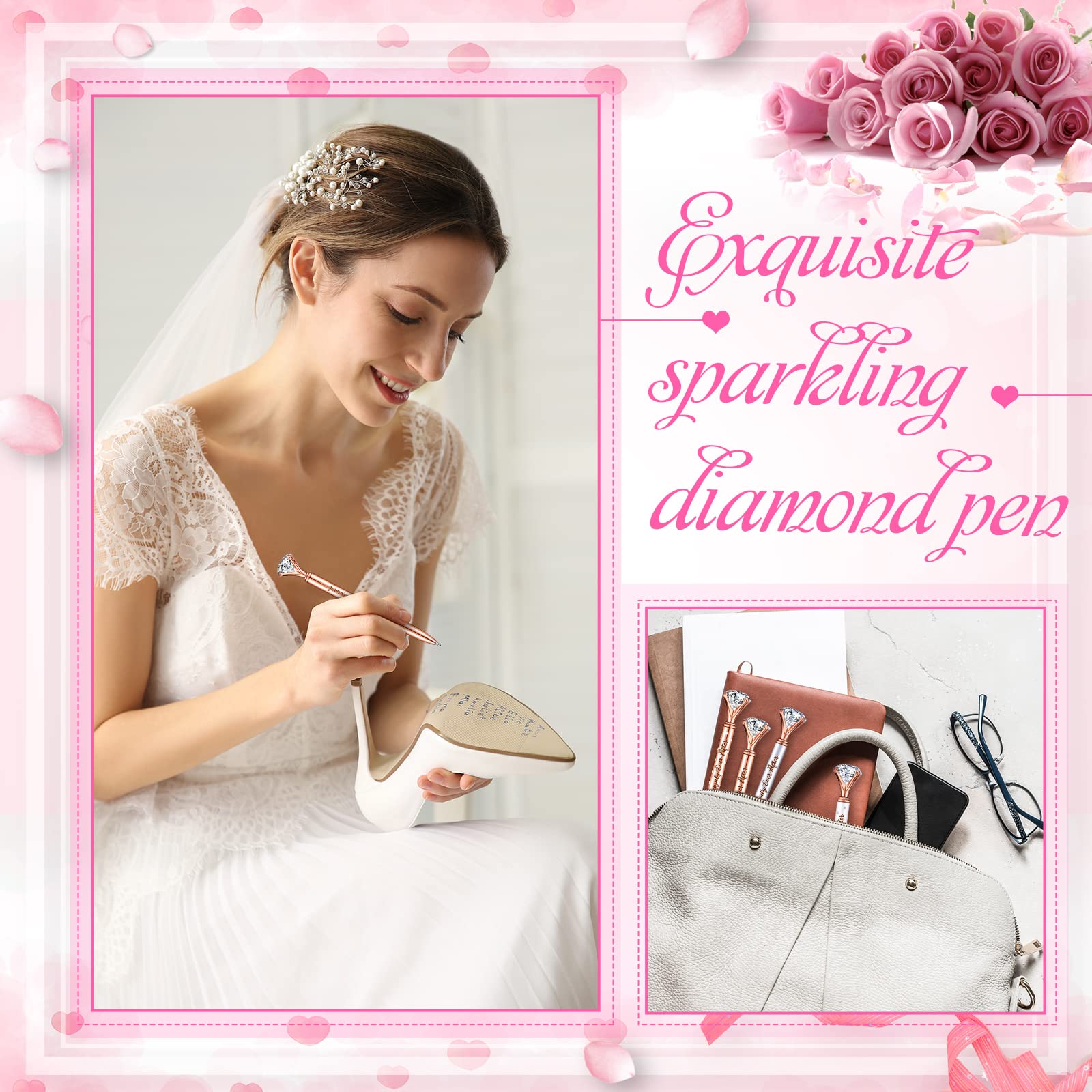 30 Sets Rose Gold Bridal Shower Favors - Diamond Pens With Thank You Cards For Wedding Guests