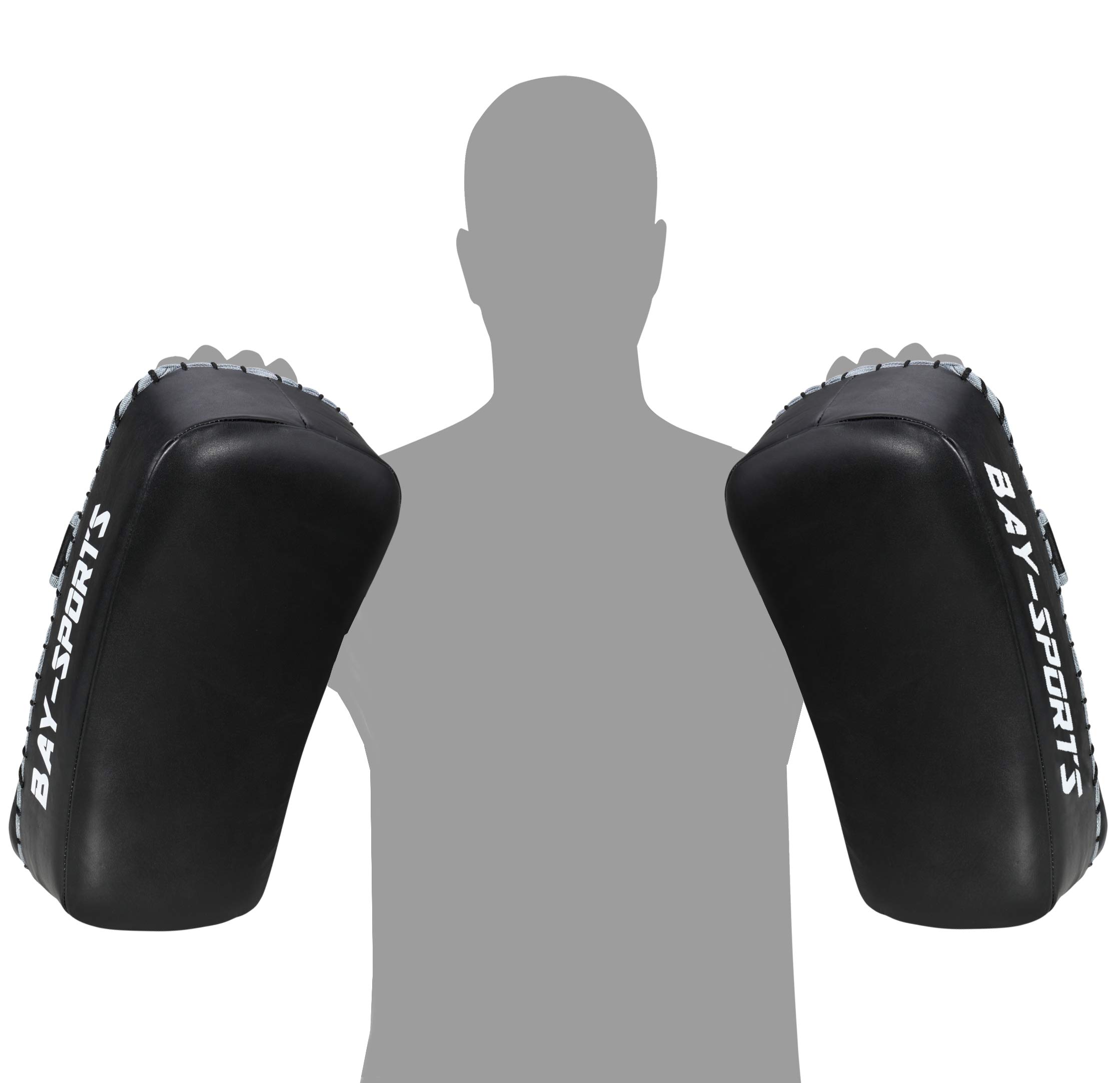 BAY Sports Leder Thai TECH 2020 Arm-Pratzen, Handpratzen, Armschlagpolster, vorgekrümmt, schwarz, Pratzen, krumm, Kickboxen, Muay Thai, Thaiboxen, MMA, K1, K-1, Handschlagpolster